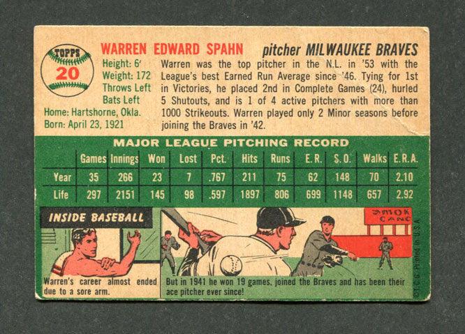 1954 Topps #20 Warren Spahn Milwaukee Braves Baseball Card (VG) - Image 2