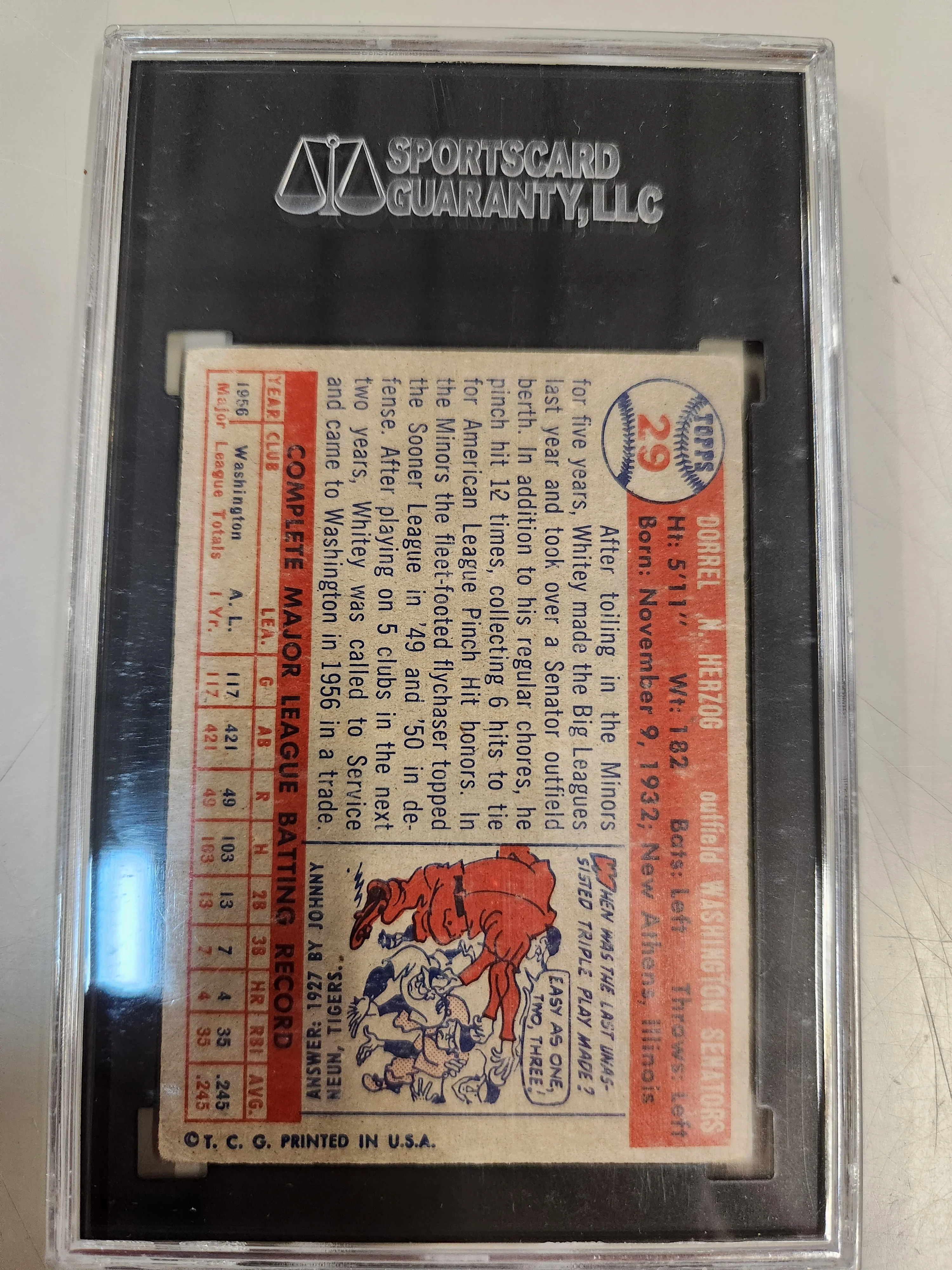 1957 Topps #29 Whitey Herzog Rookie Card Signed HOF 2010 SGC Authentic - Image 2