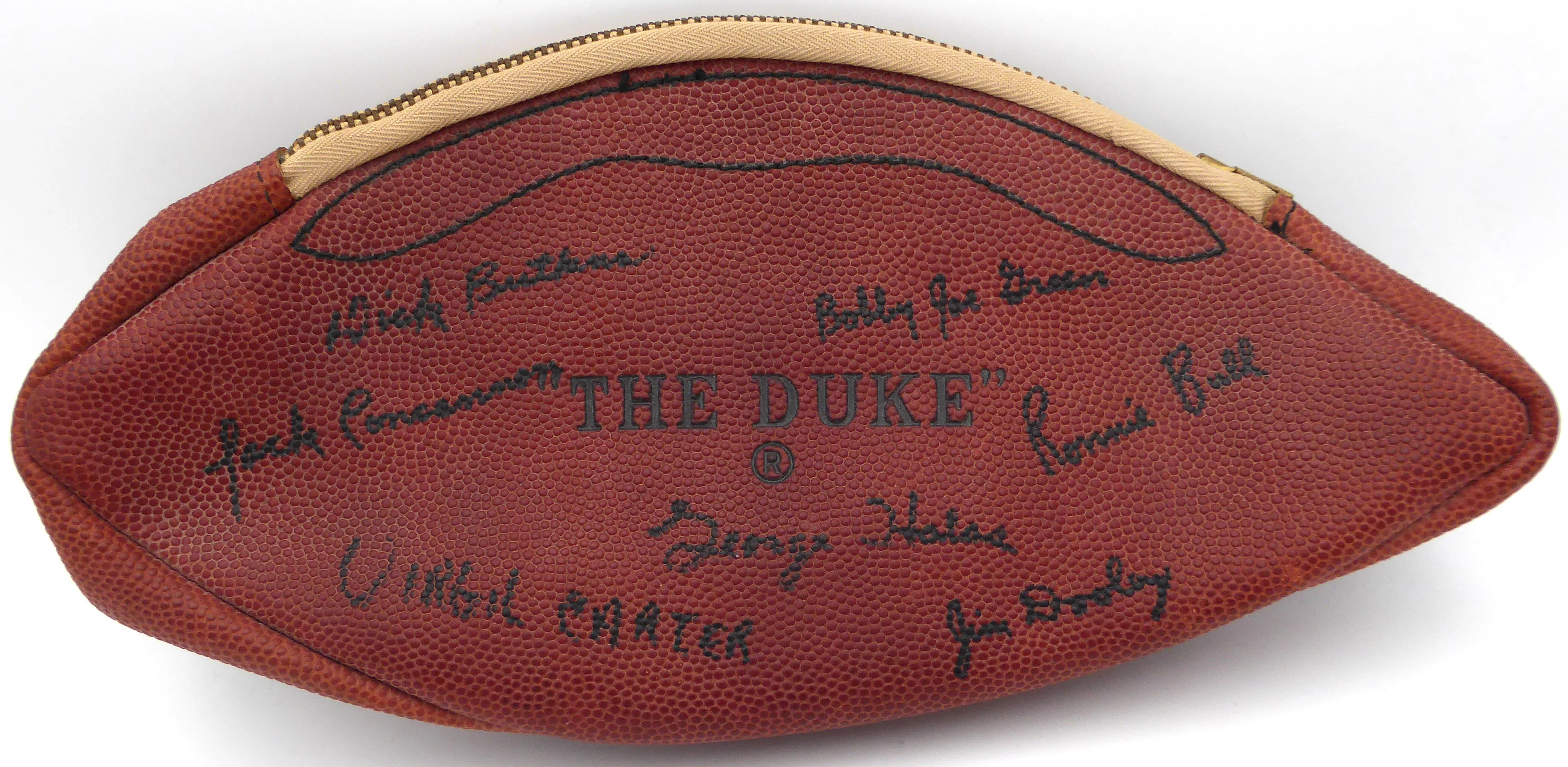 1968/69 Chicago Bears Autographed NFL Leather Wilson Shaving Kit Travel Bag With 7 Signatures Including George Halas & Dick Butkus Beckett BAS #AD43571