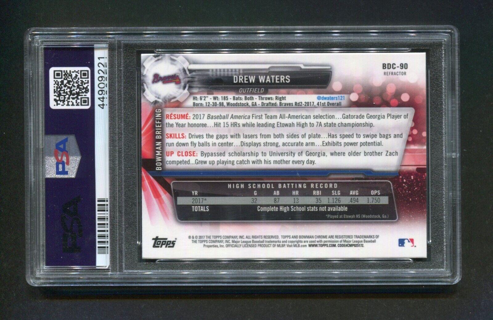 2017 Bowman Draft Chrome Refractor Drew Waters #BDC90 PSA/DNA Signed Rookie Baseball Card - Image 2