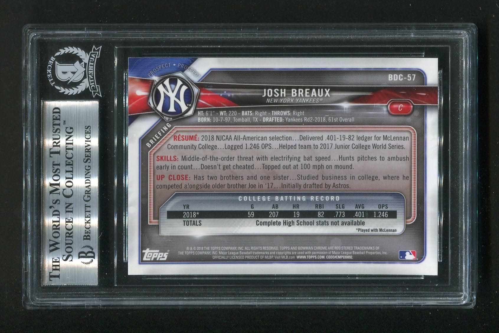 2018 Bowman Chrome Draft Josh Breaux #BDC57 BGS Signed Rookie Baseball Card - Image 2