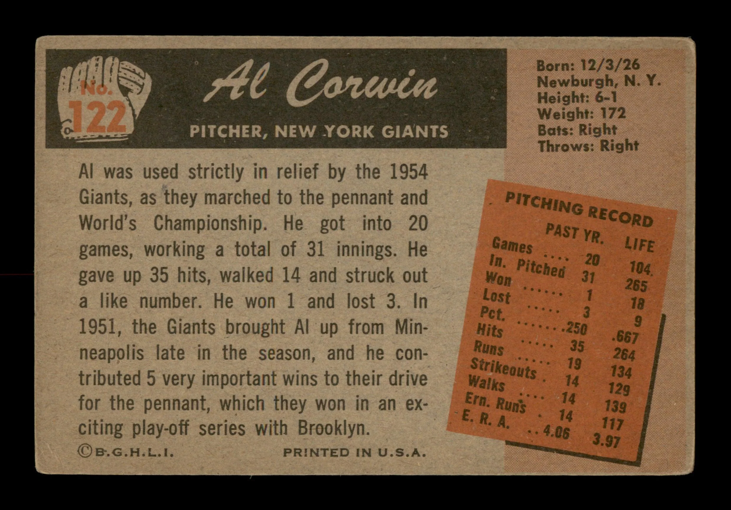 Al Corwin Autographed 1955 Bowman Card #122 New York Giants SKU #187867 - Image 2