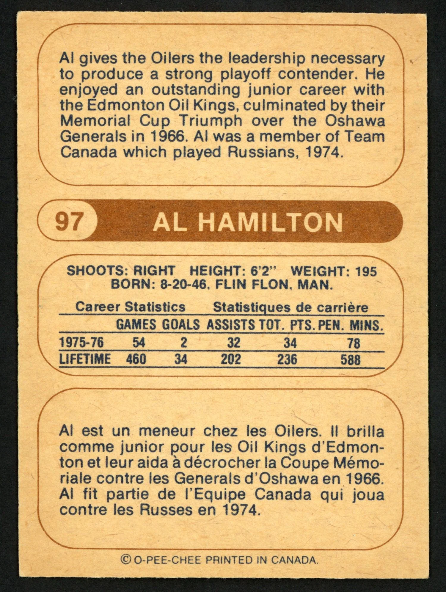 Al Hamilton Autographed 1976-77 WHA O-Pee-Chee Card #97 Edmonton Oilers SKU #151319 - Image 2