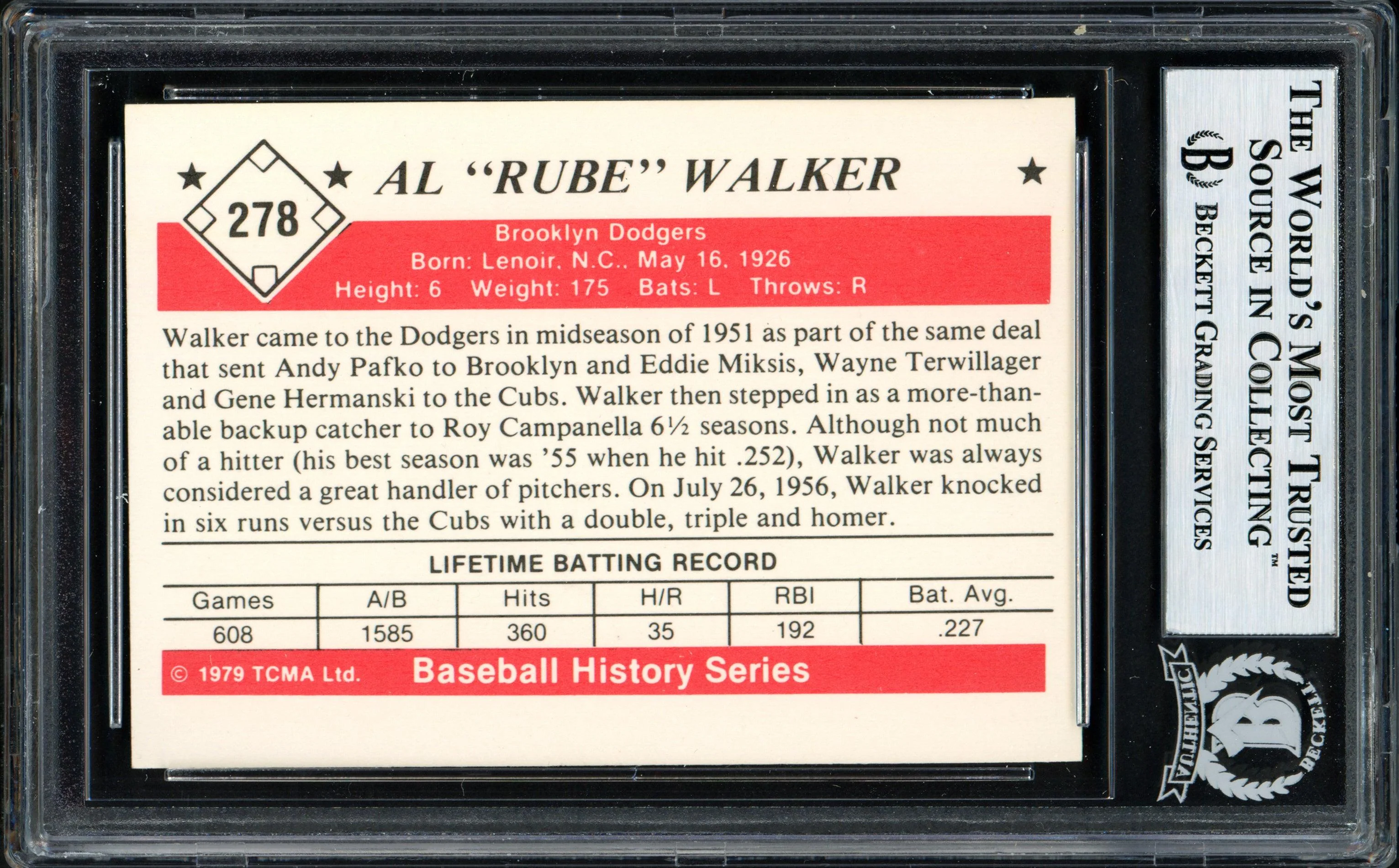 Al "Rube" Walker Autographed 1979 TCMA Card #278 Brooklyn Dodgers Beckett BAS #12058691 - Image 2