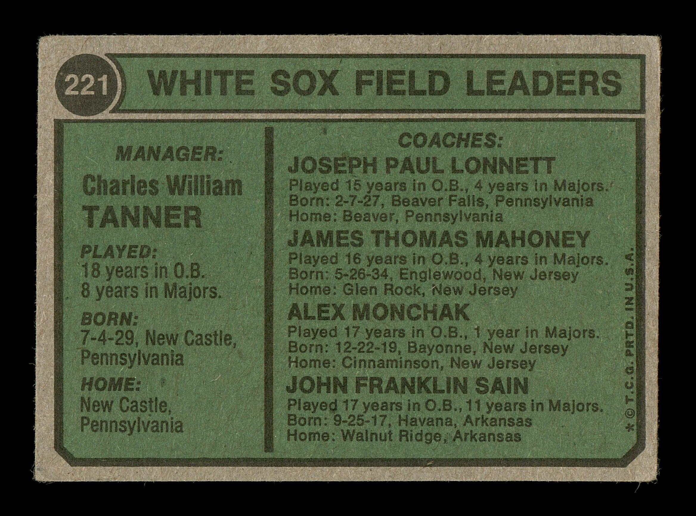 Alex "Al" Monchak Autographed 1974 Topps Card #221 Chicago White Sox Coach SKU #167115 - Image 2
