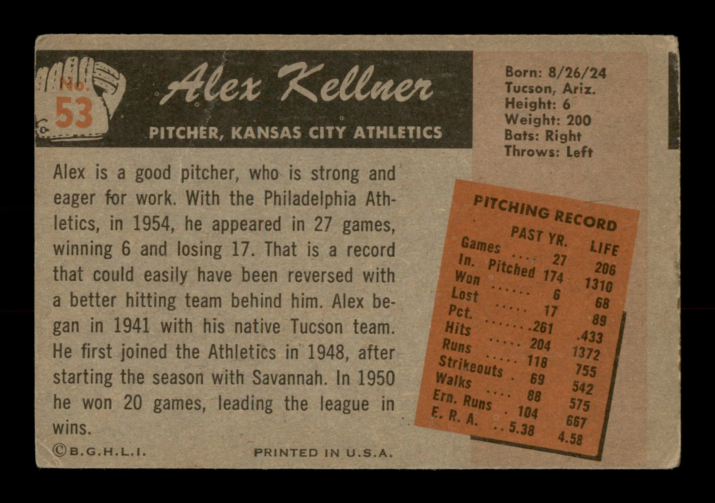 Alex Kellner Autographed 1955 Bowman Card #53 Kansas City A's SKU #187845 - Image 2