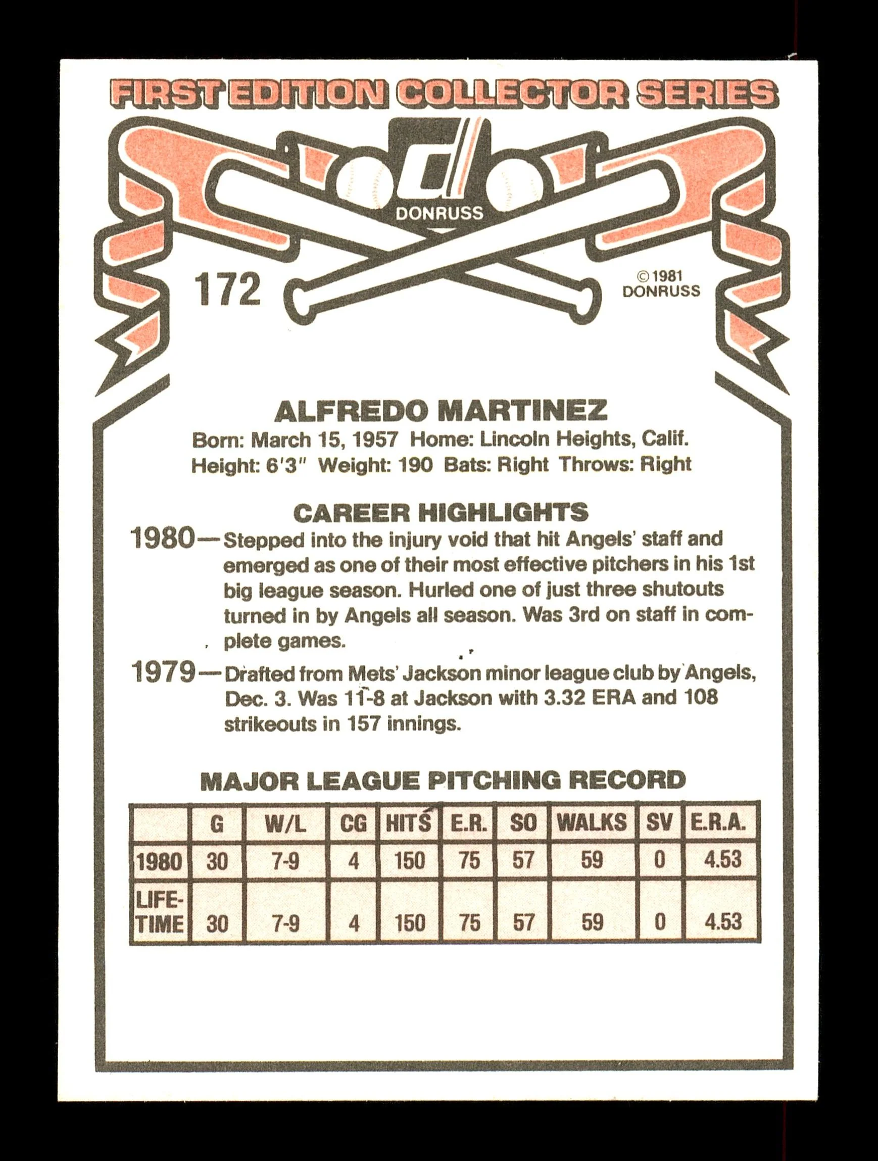 Alfredo "Fred" Martinez Autographed 1981 Donruss Card #172 California Angels SKU #166478 - Image 2