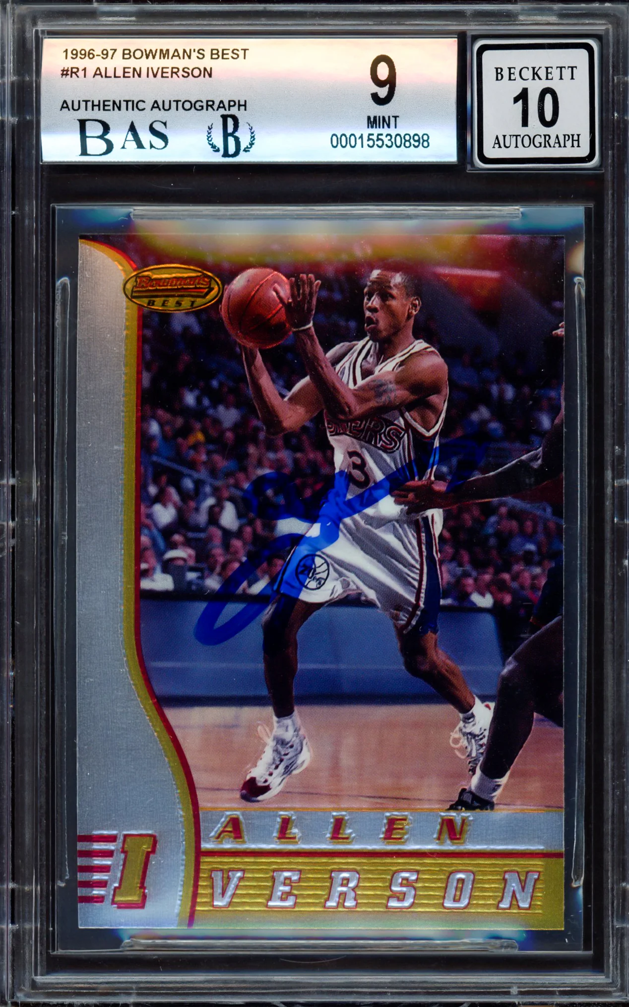 Allen Iverson Autographed 1996-97 Bowman's Best Rookie Card #R1 Philadelphia 76ers BGS 9 Auto Grade Gem Mint 10 Beckett BAS #15530898