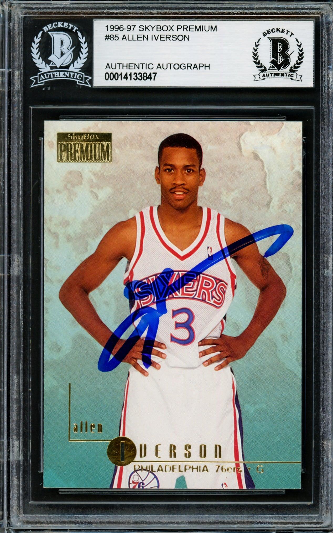 Allen Iverson Autographed 1996-97 Skybox Premium Rookie Card #85 Philadelphia 76ers Beckett BAS Stock #203710