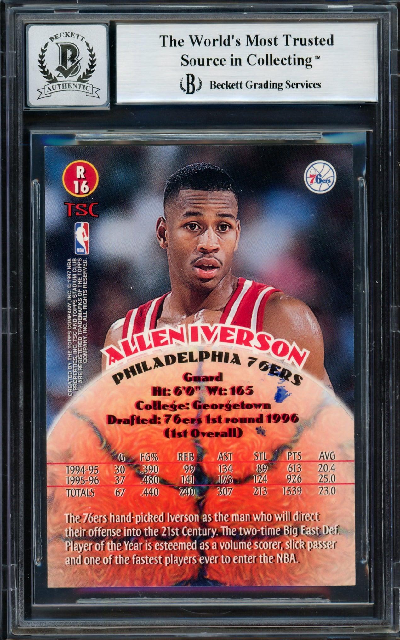 Allen Iverson Autographed 1996-97 Stadium Club Rookie Card #R16 Philadelphia 76ers Auto Grade Gem Mint 10 Beckett BAS #14128552 - Image 2