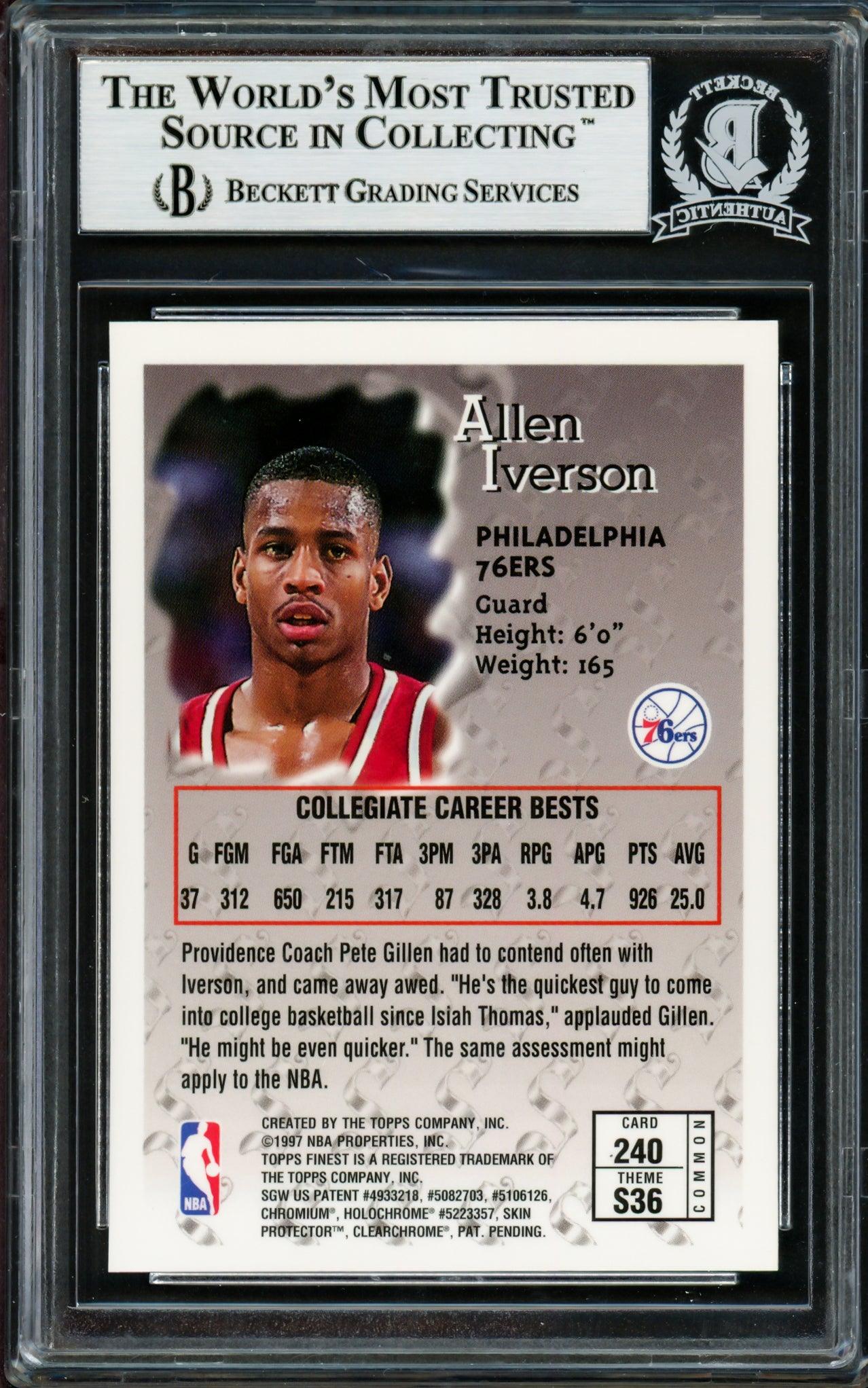 Allen Iverson Autographed 1996-97 Topps Finest Sterling Rookie Card #240 Philadelphia 76ers Beckett BAS #14133953 - Image 2