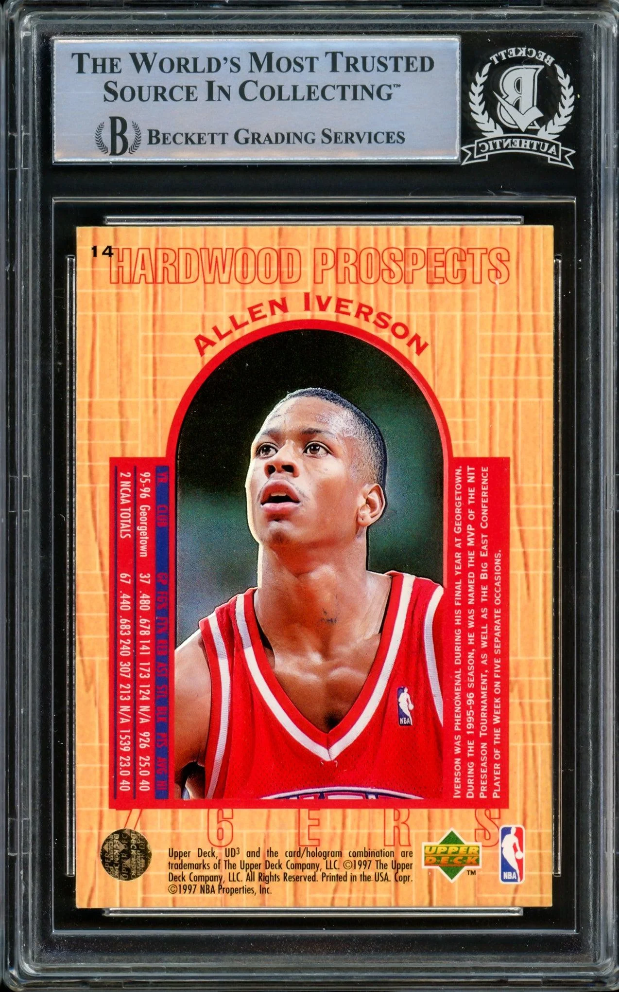 Allen Iverson Autographed 1996-97 UD3 Hardwood Prospects Rookie Card #14 Philadelphia 76ers Beckett BAS #14863451 - Image 2