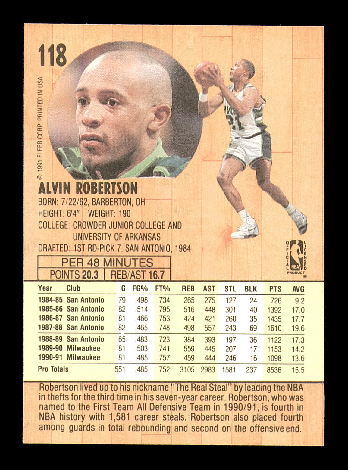 Alvin Robertson Autographed 1991-92 Fleer Card #118 Milwaukee Bucks SKU #183276 - Image 2