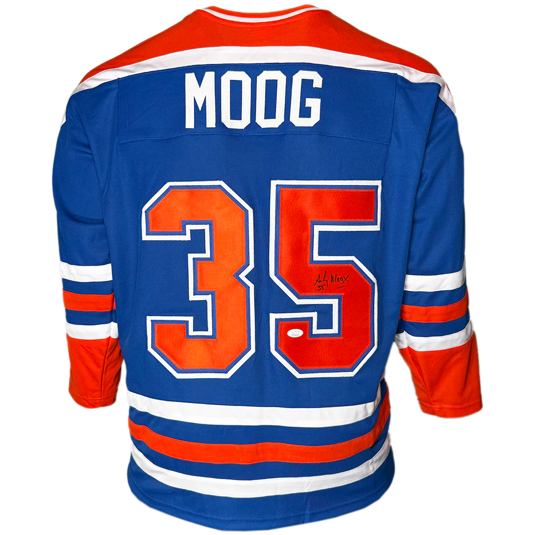 Andy Moog Signed Edmonton Blue Hockey Jersey (JSA)