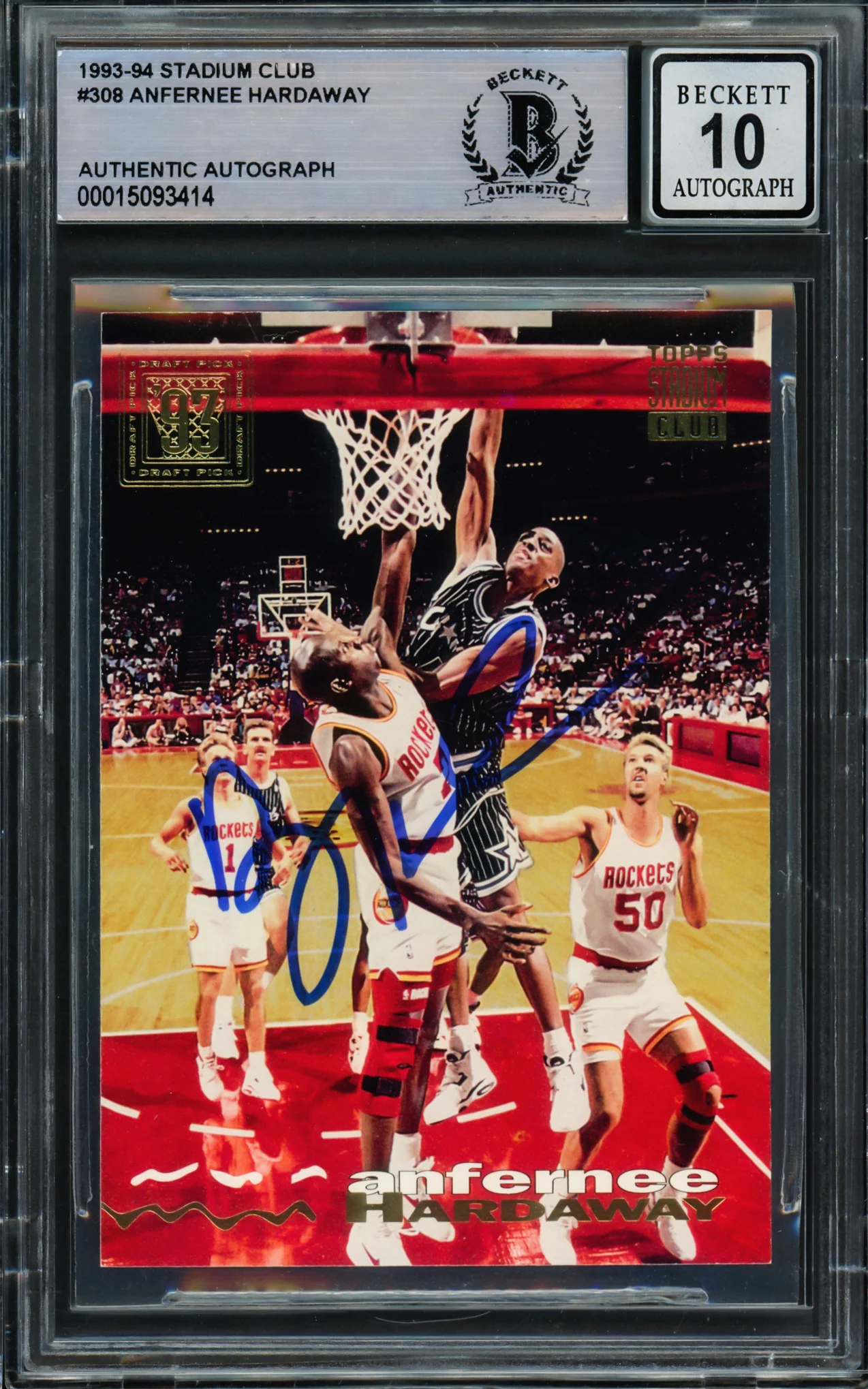 Anfernee Hardaway Autographed 1993-94 Stadium Club Rookie Card #308 Orlando Magic Auto Grade Gem Mint 10 Beckett BAS Stock #211050