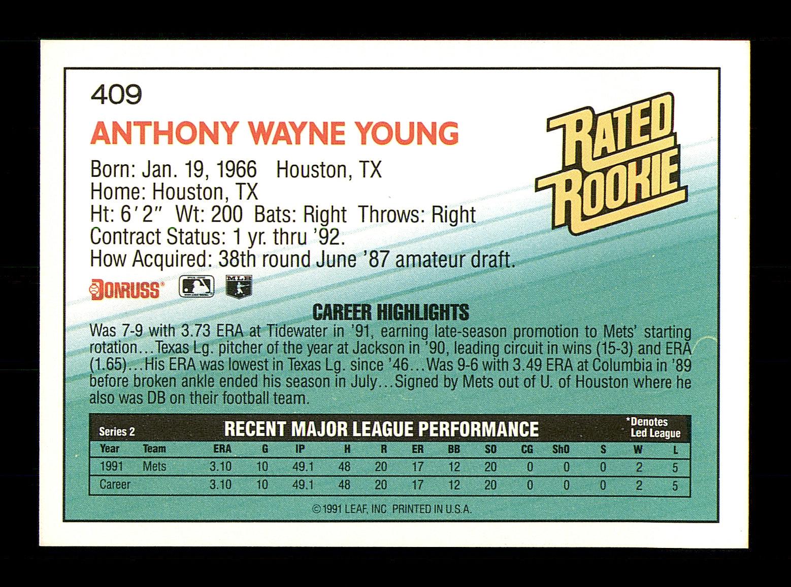 Anthony Young Autographed 1992 Donruss Card #409 New York Mets SKU #184579 - Image 2