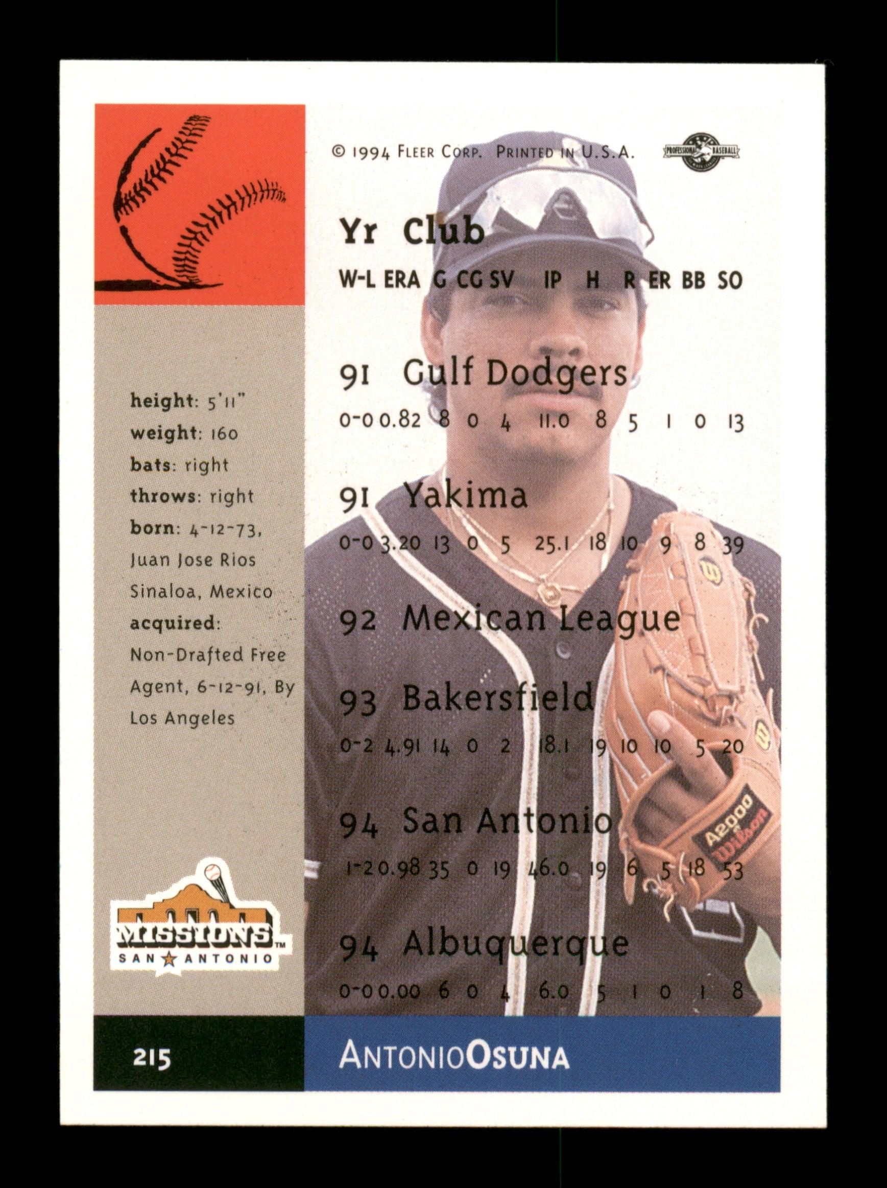 Antonio Osuna Autographed 1994-95 Fleer Excel Card #214 Los Angeles Dodgers SKU #195734 - Image 2