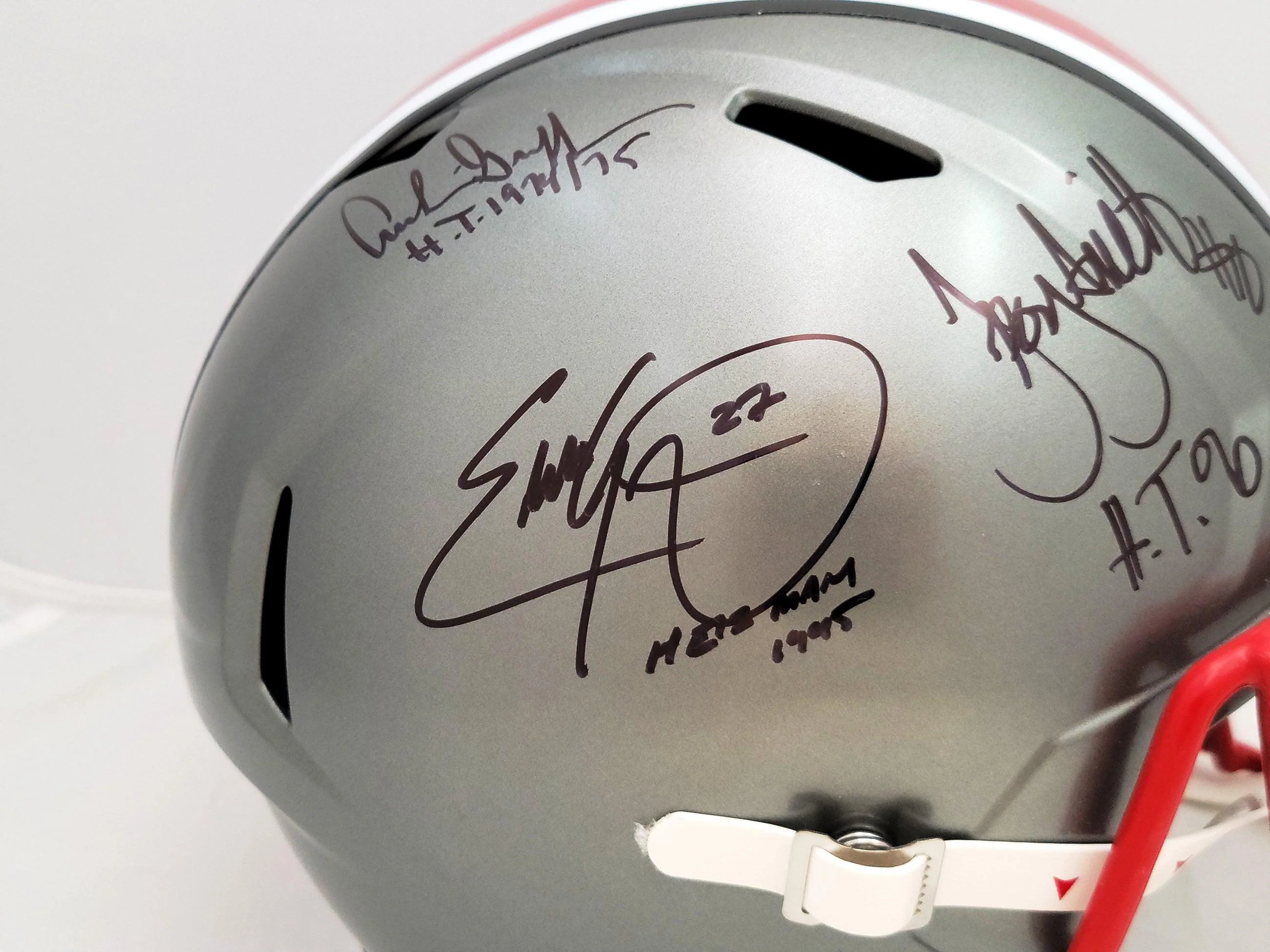 Archie Griffin, Eddie George & Troy Smith Autographed Ohio State Buckeyes Flash Gray Full Size Replica Speed Helmet "Heisman" Beckett BAS QR Stock #203901 - Image 2