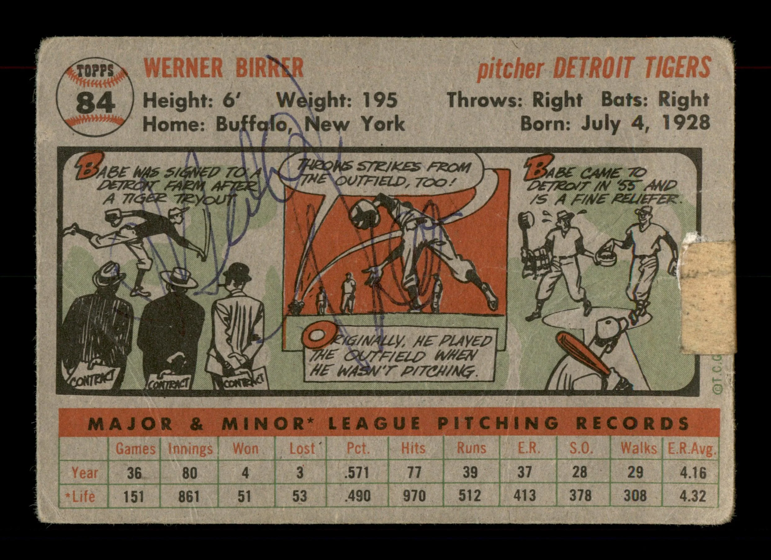 Babe Birrer Autographed 1956 Topps Rookie Card #84 Detroit Tigers (Bad Condition) SKU #198403 - Image 2