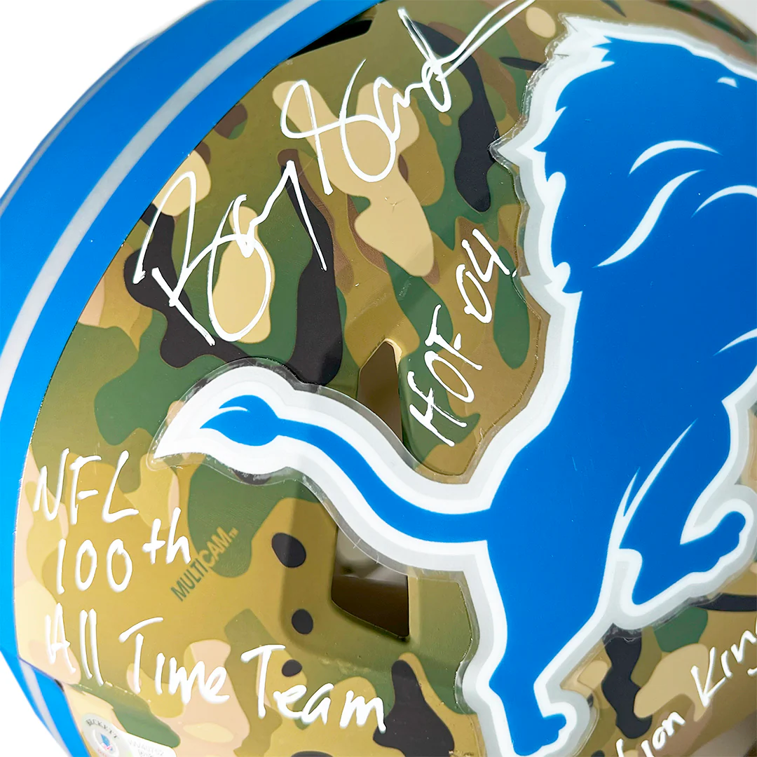 Barry Sanders Signed Multi-Inscription Detroit Lions Camo Authentic Speed Full-Size Football Helmet (Beckett) - Image 3
