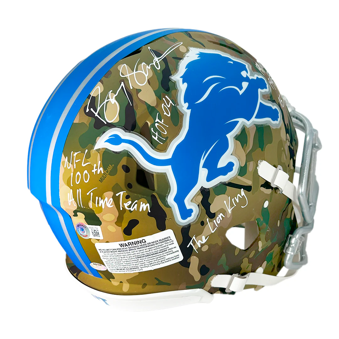 Barry Sanders Signed Multi-Inscription Detroit Lions Camo Authentic Speed Full-Size Football Helmet (Beckett) - Image 4