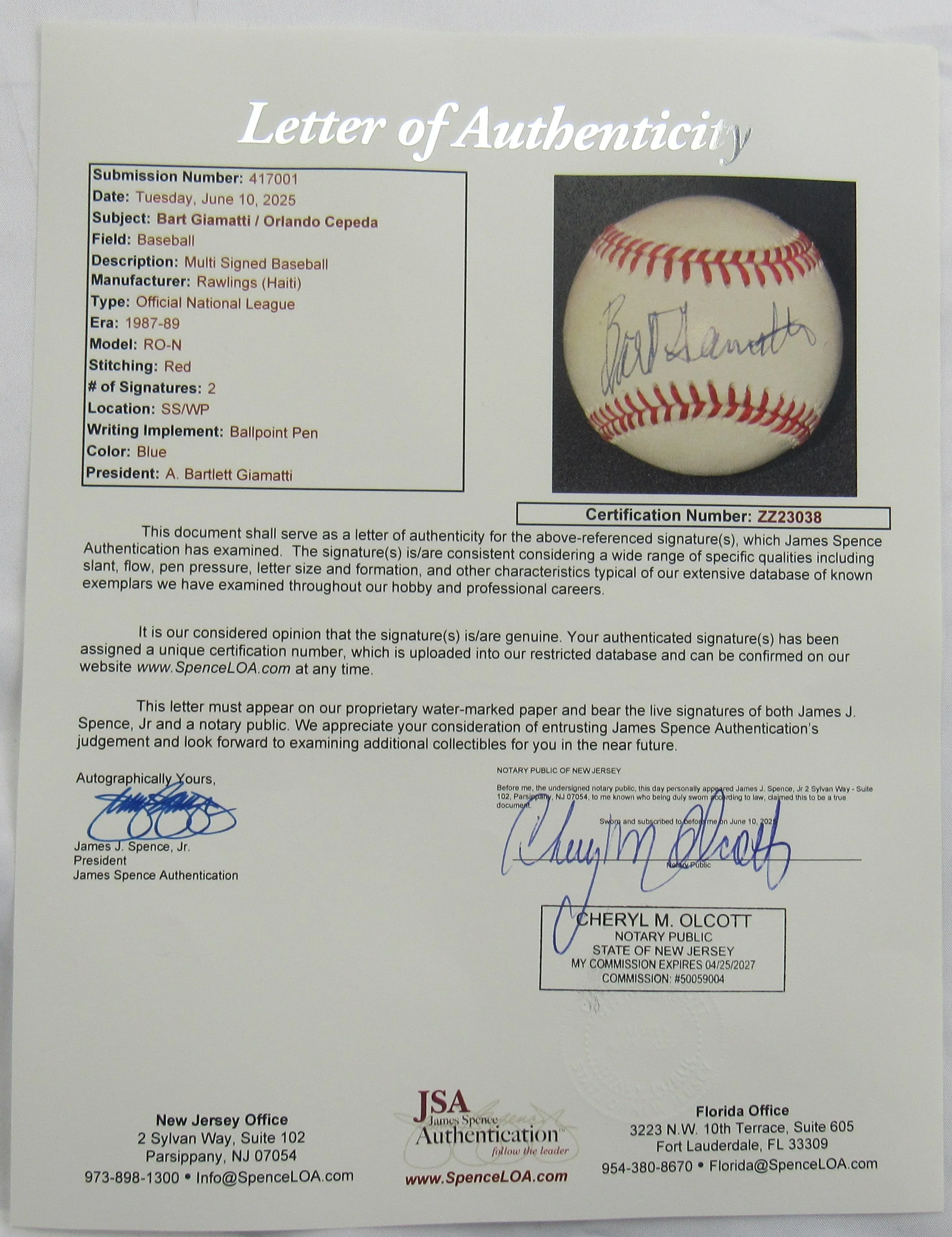 Bart Giamatti Orlando Cepeda Signed Auto Rawlings Baseball JSA LOA ZZ23038 - Image 8