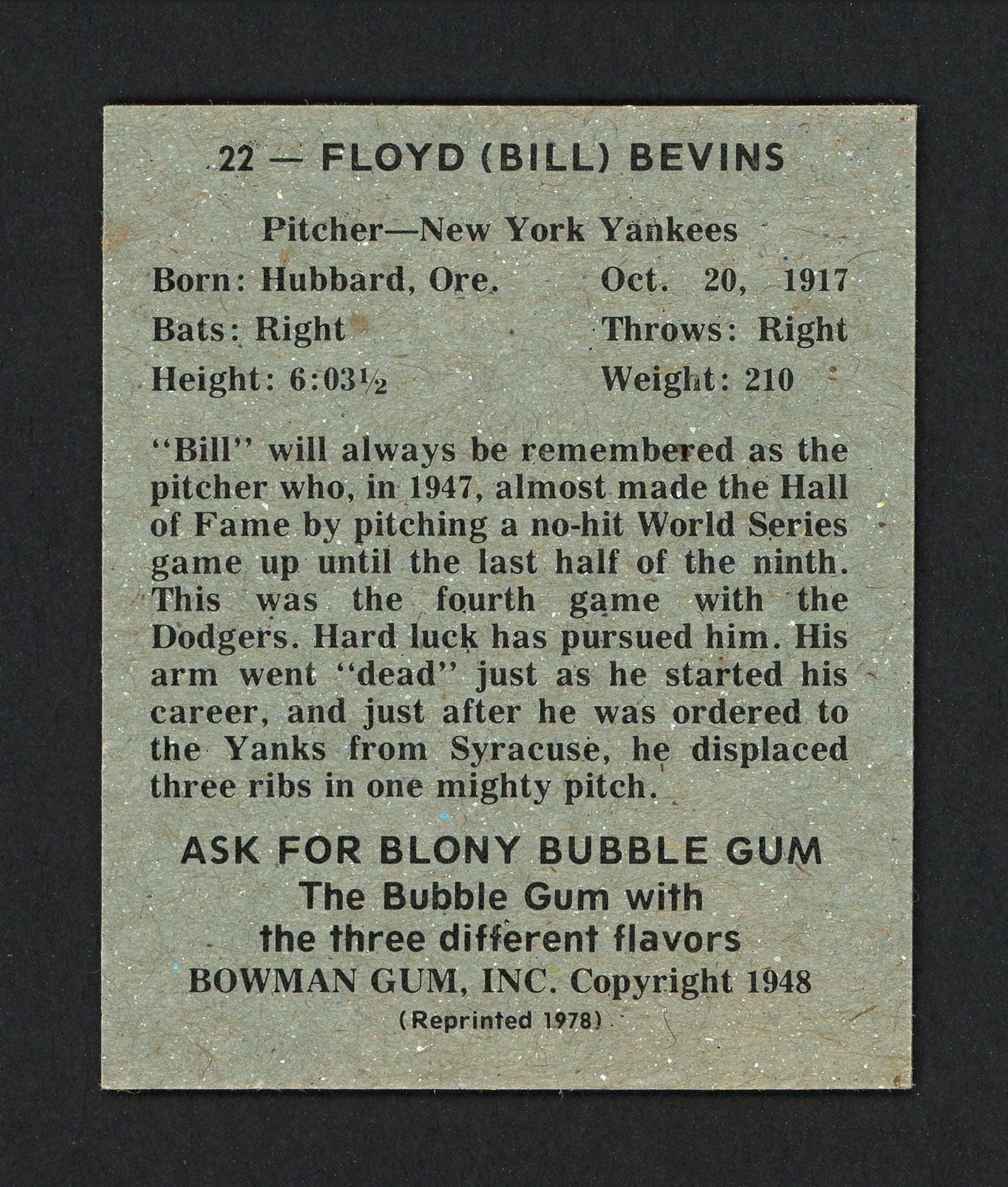 Bill Bevens Autographed 1978 Bowman 1948 Bowman Reprint Card #22 New York Yankees SKU #165912 - Image 2