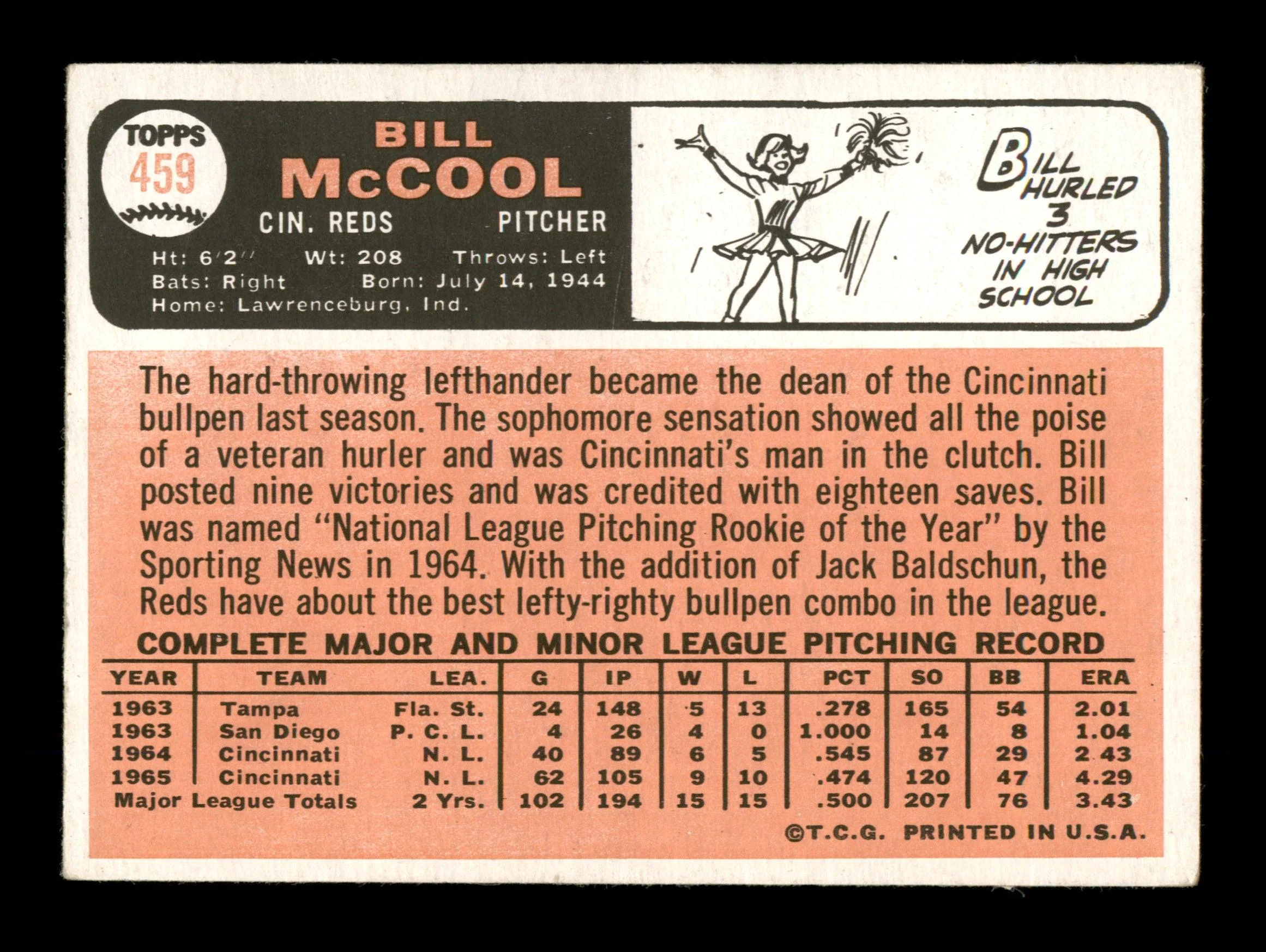 Bill McCool Autographed 1966 Topps Card #459 Cincinnati Reds SKU #203992 - Image 2