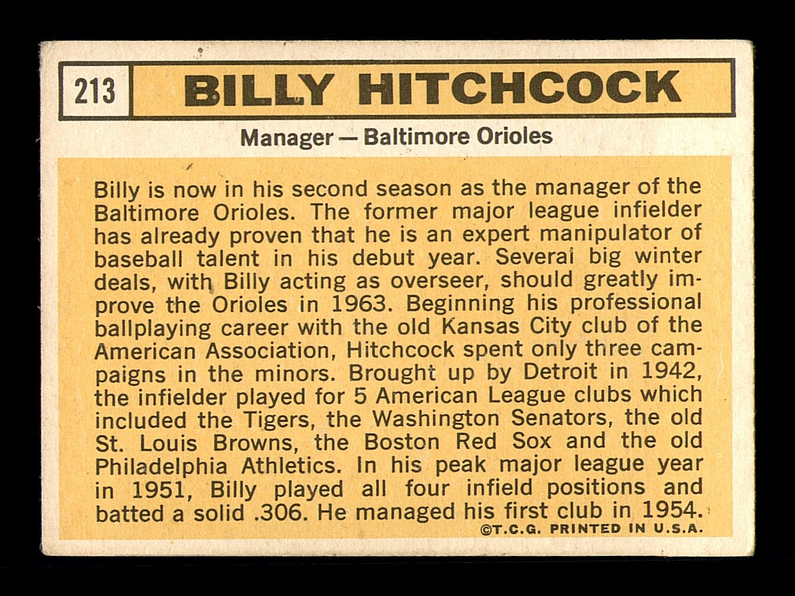 Billy Hitchcock Autographed 1963 Topps Card #213 Baltimore Orioles SKU #183005 - Image 2