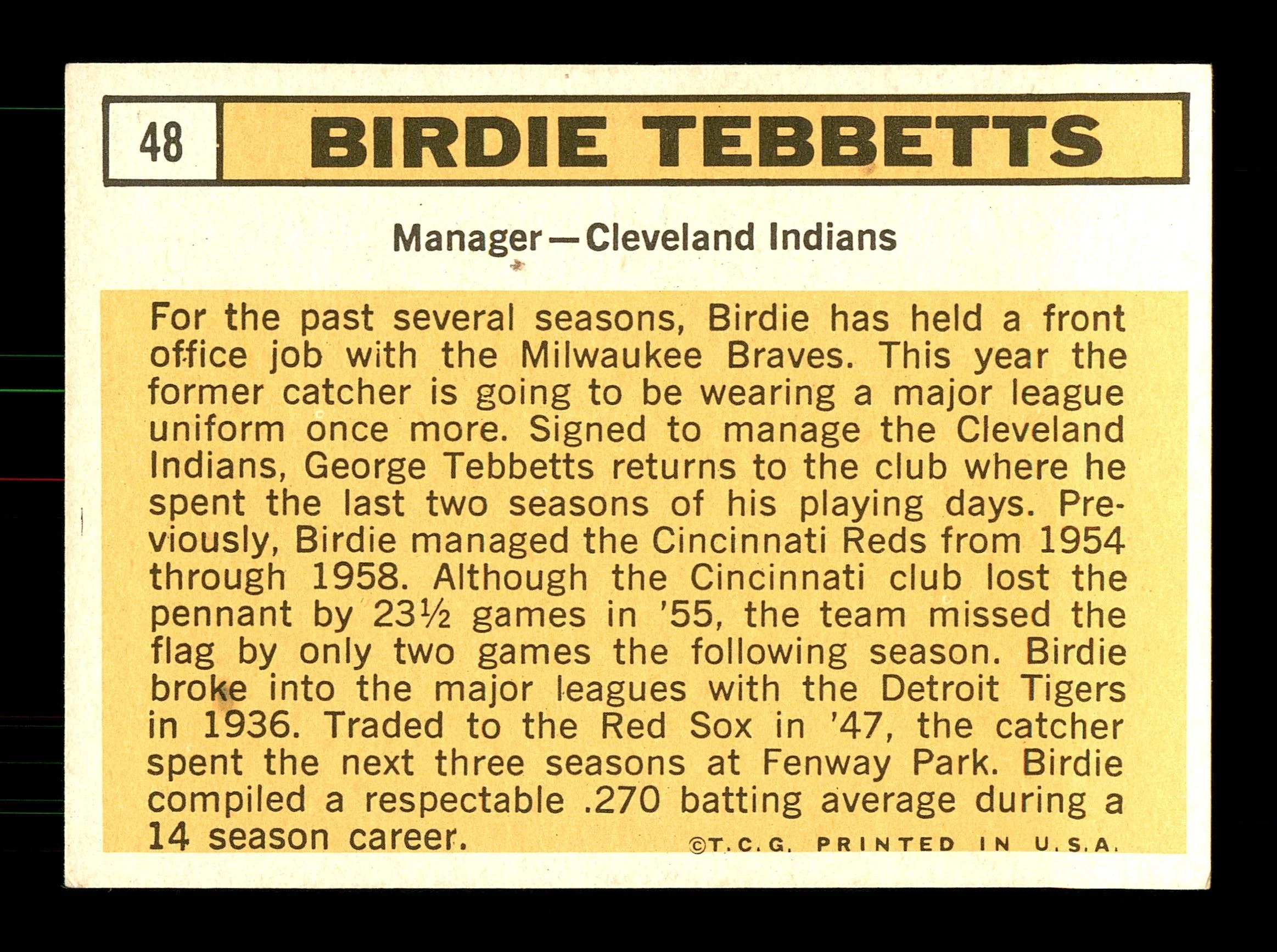 Birdie Tebbetts Autographed 1963 Topps Card #48 Cleveland Indians SKU #170060 - Image 2