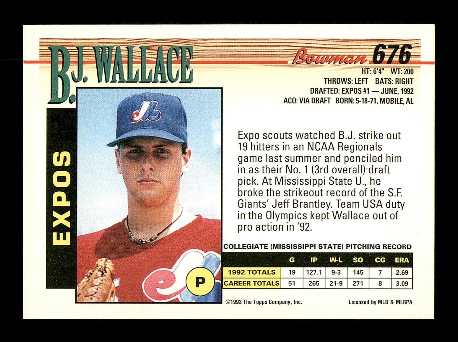 B.J. Wallace Autographed 1993 Bowman Card #676 Montreal Expos SKU #183831 - Image 2