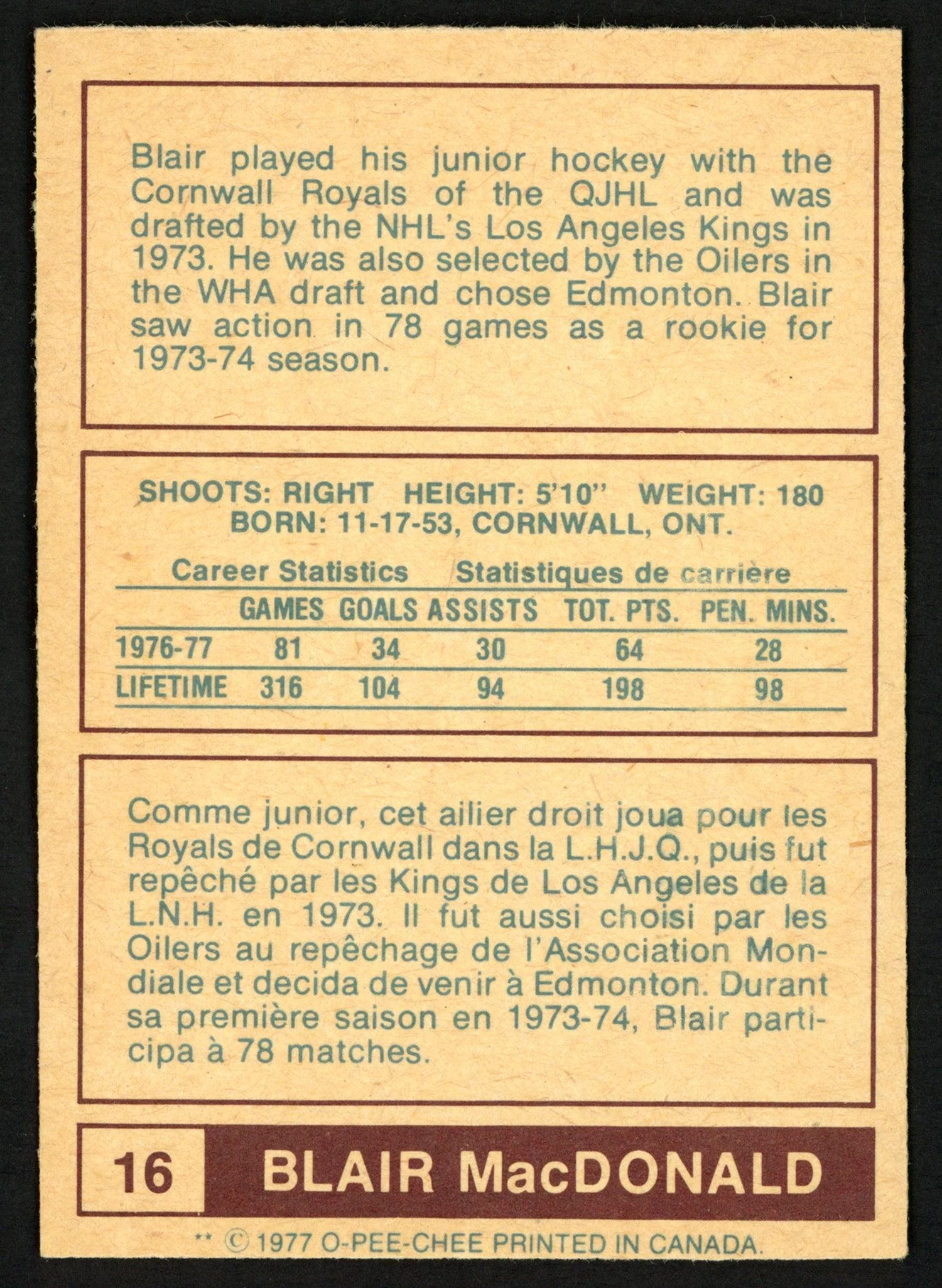 Blair MacDonald Autographed 1977-78 WHA O-Pee-Chee Card #16 Edmonton Oilers "Best Wishes" SKU #151336 - Image 2