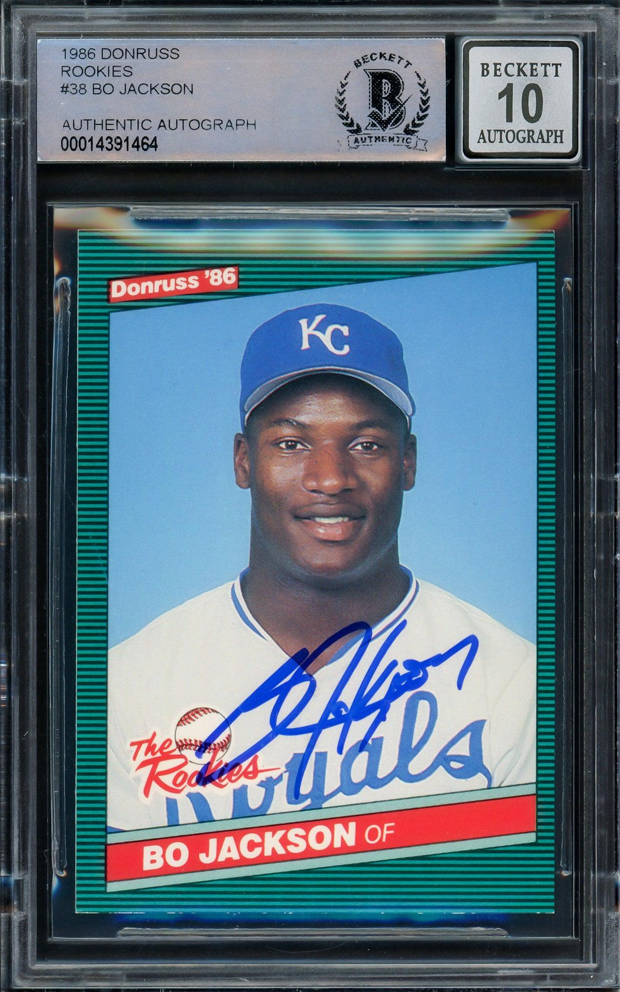 Bo Jackson Autographed 1986 Donruss The Rookies Rookie Card #38 Kansas City Royals Auto Grade Gem Mint 10 Beckett BAS Stock #206738
