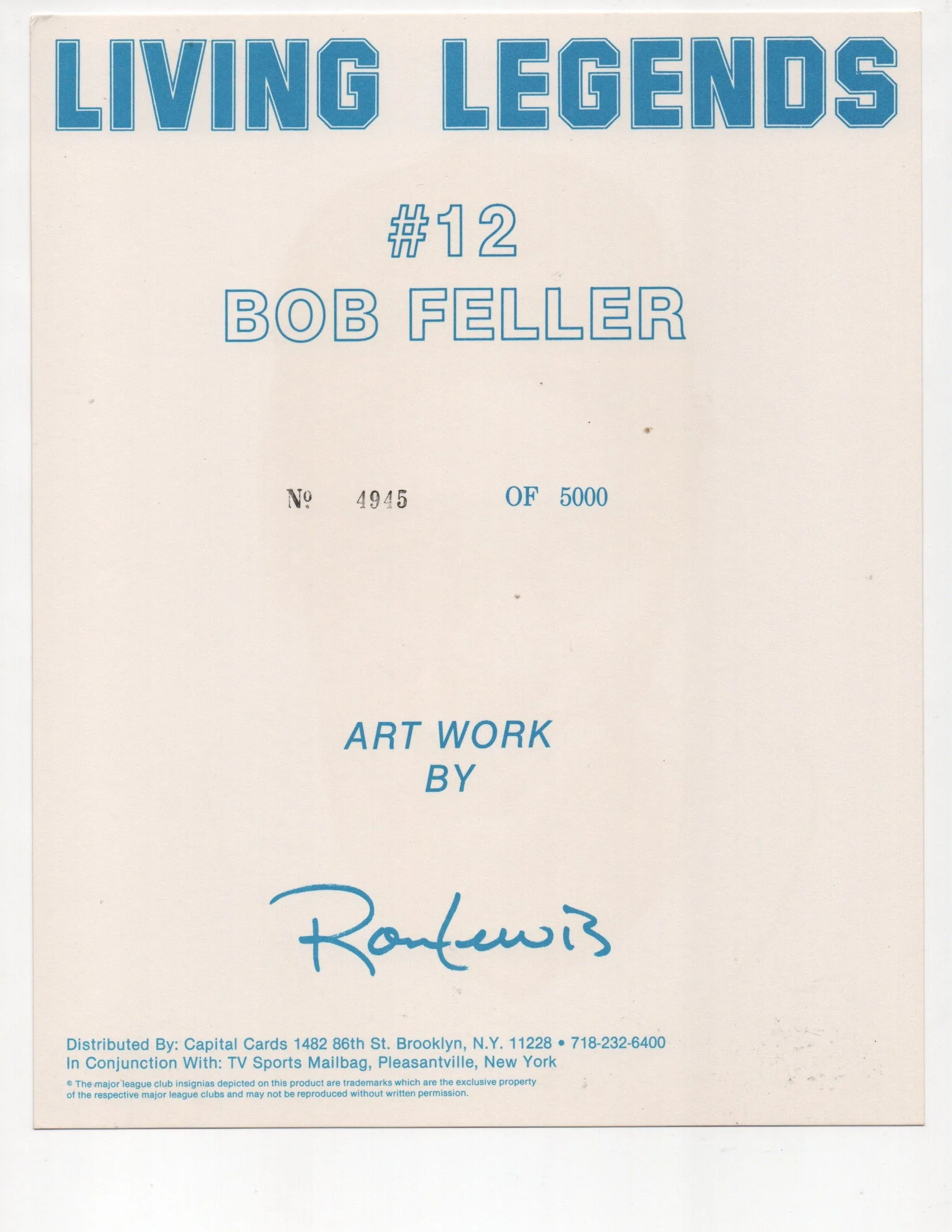 Bob Feller Signed HOF 62 Inscription Living Legends #4945 of 5000 8x10 Photo (AIV AA24148) - Image 2