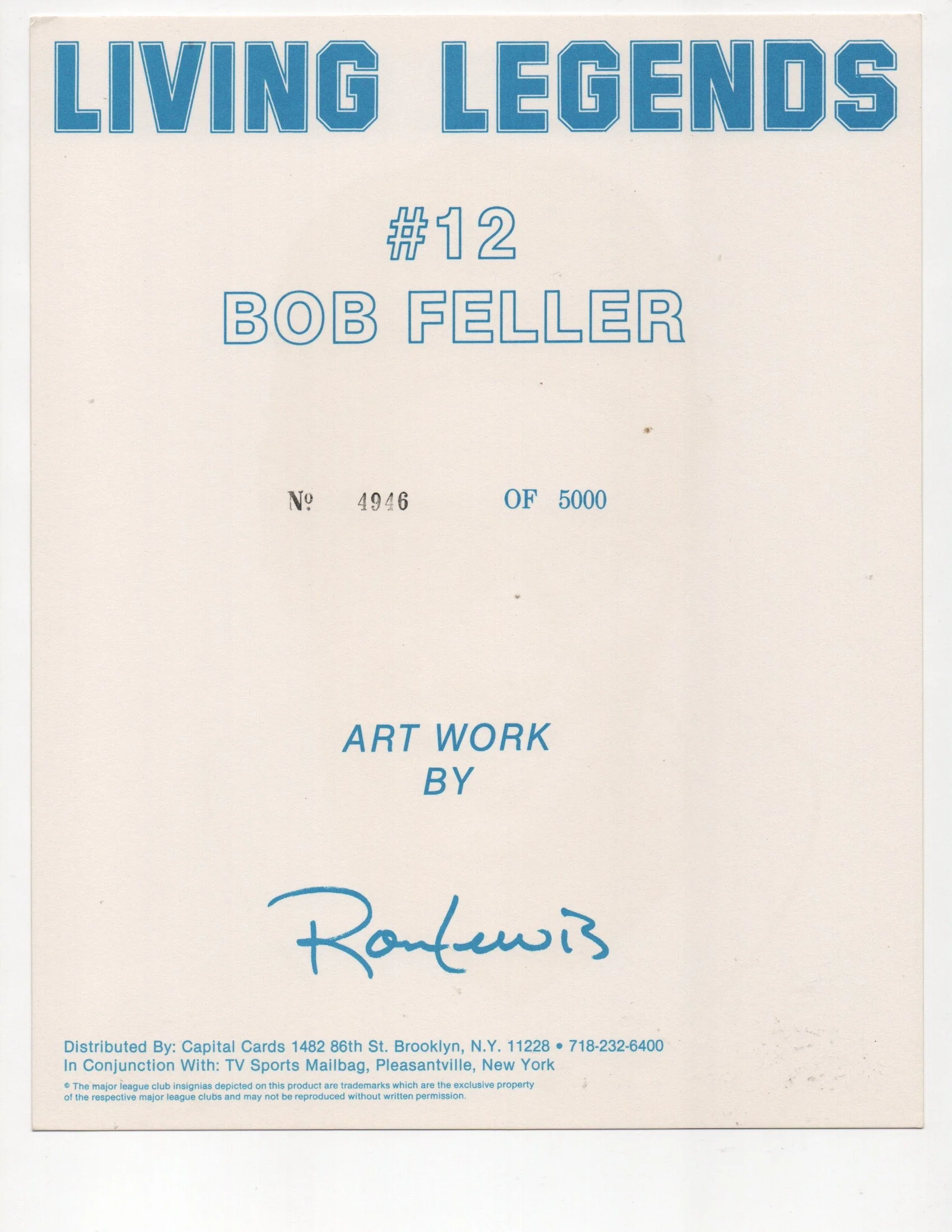 Bob Feller Signed HOF 62 Inscription Living Legends #4946 of 5000 8x10 Photo (AIV AA24149) - Image 2