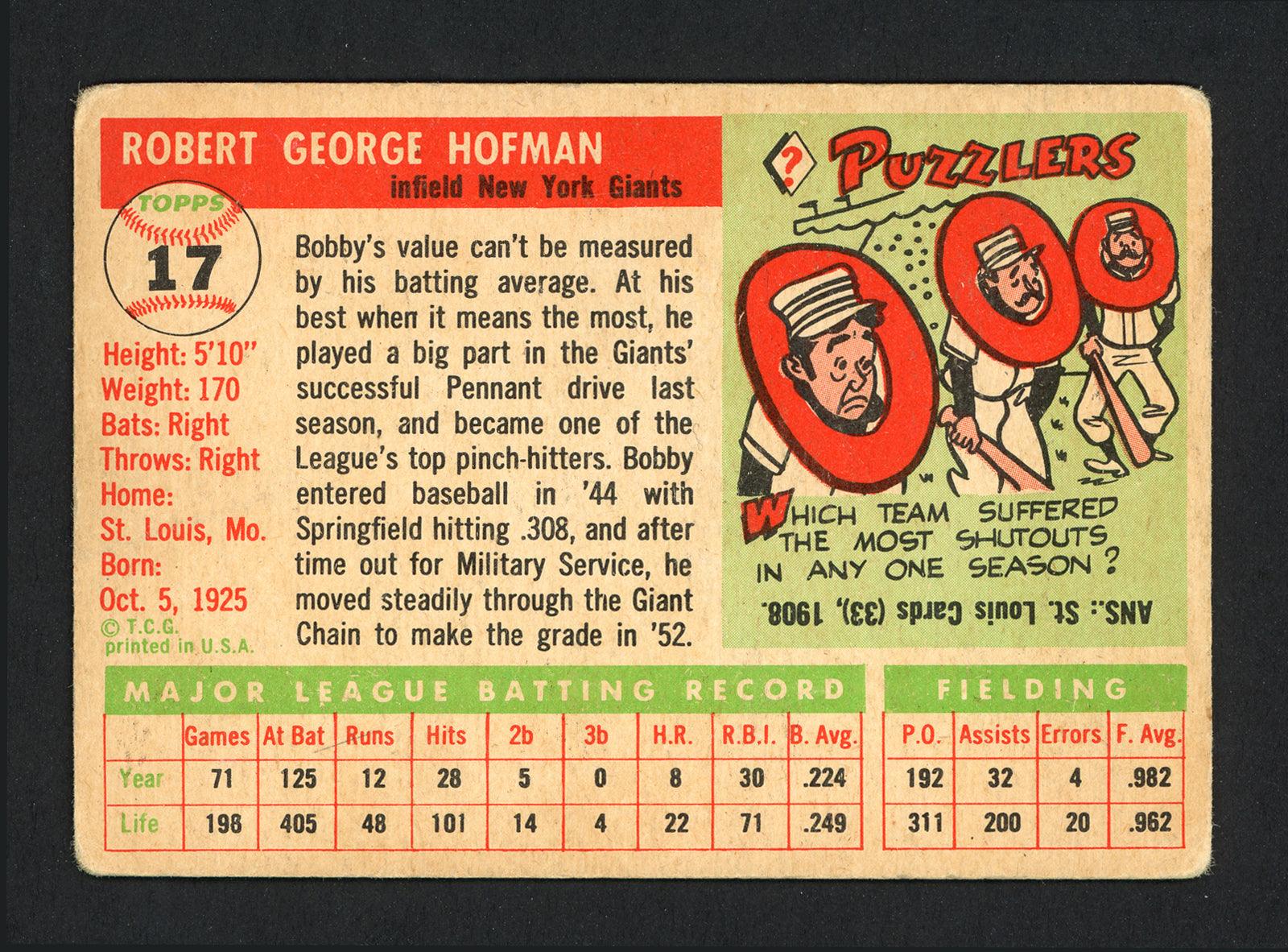 Bob Hofman Autographed 1955 Topps Card #17 New York Giants SKU #162242 - Image 2