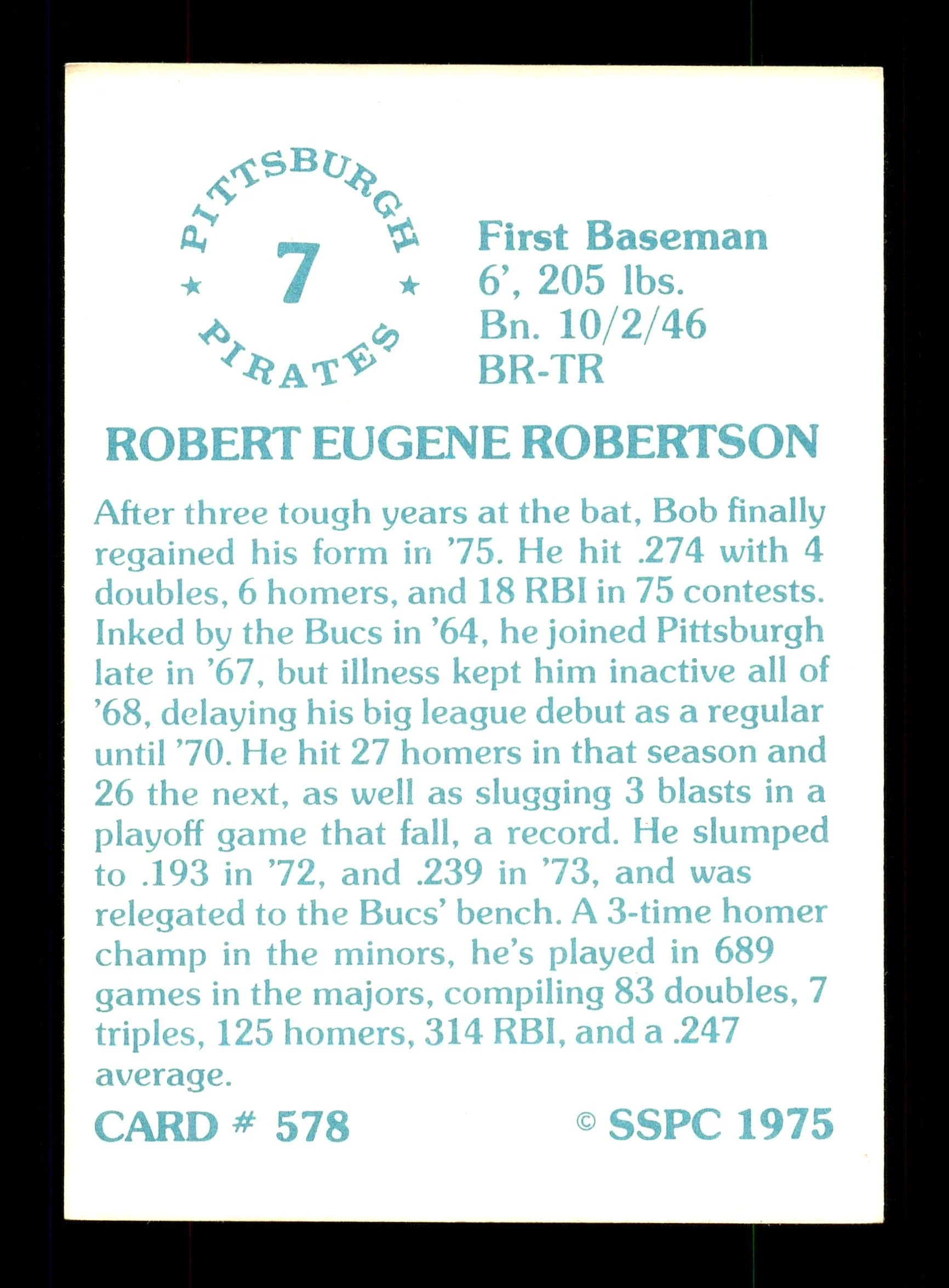 Bob Robertson Autographed 1975 SSPC Card #578 Pittsburgh Pirates SKU #172573 - Image 2