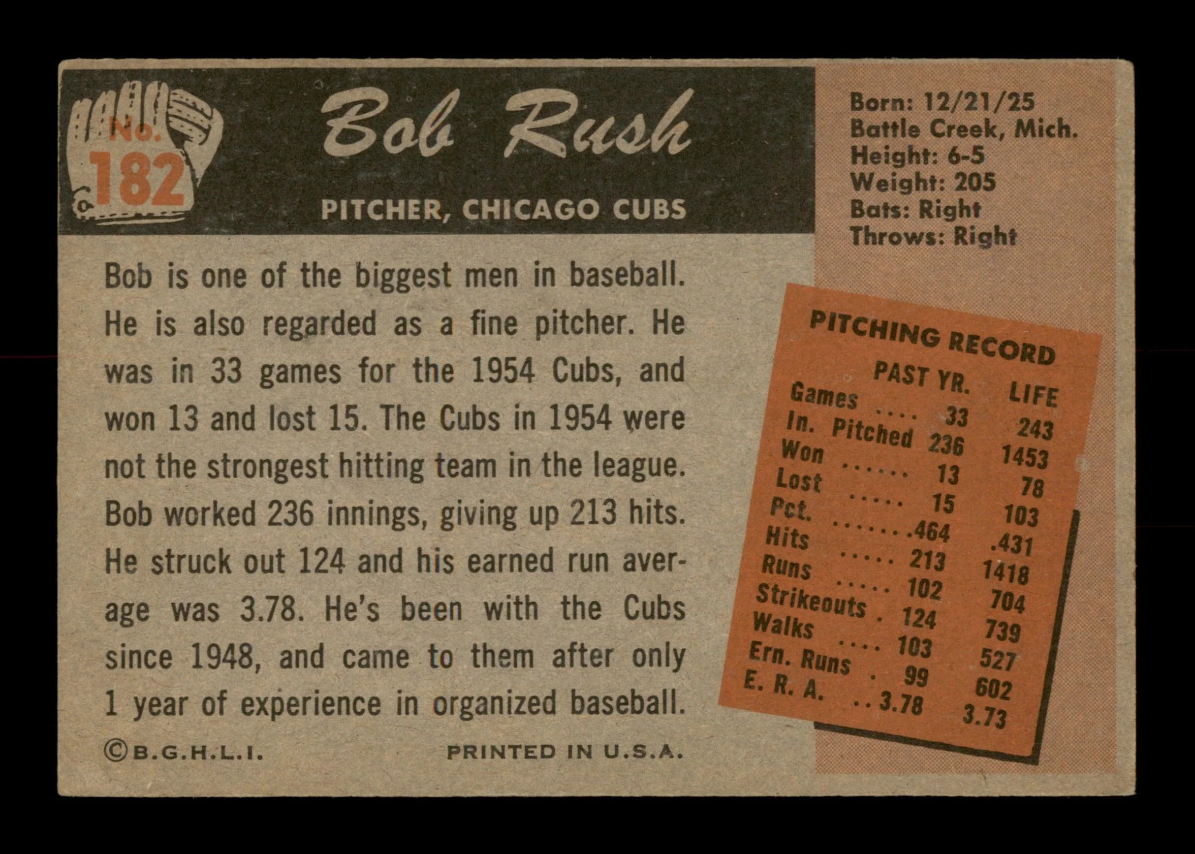 Bob Rush Autographed 1955 Bowman Card #182 Chicago Cubs SKU #187857 - Image 2