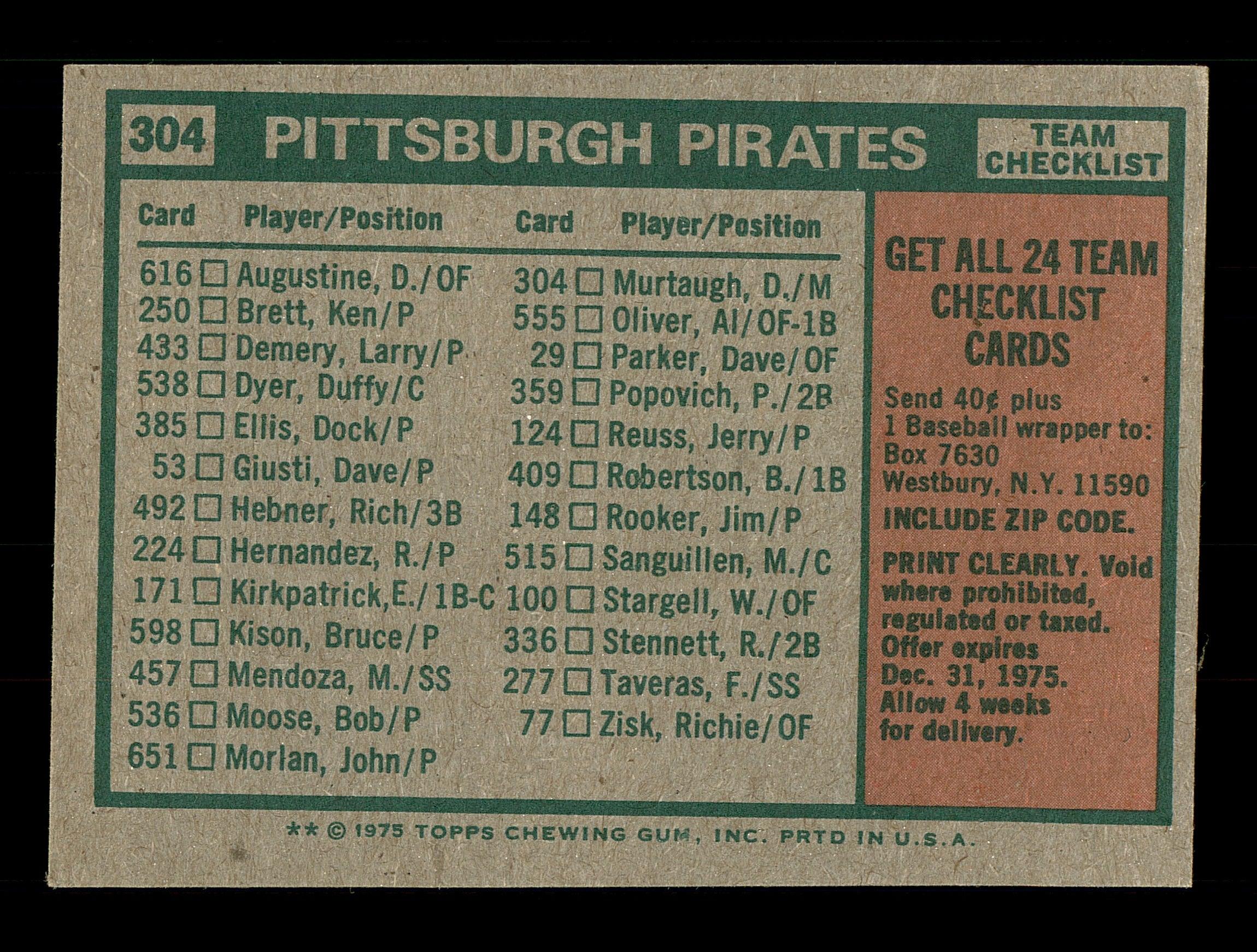 Bob Skinner Autographed 1975 Topps Team Card #304 Pittsburgh Pirates SKU #168435 - Image 2