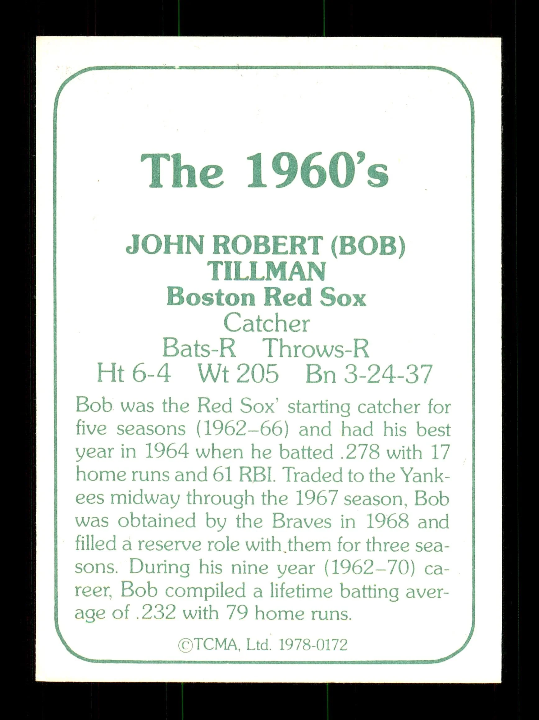 Bob Tillman Autographed 1978 TCMA Card #172 Boston Red Sox SKU #172087 - Image 2