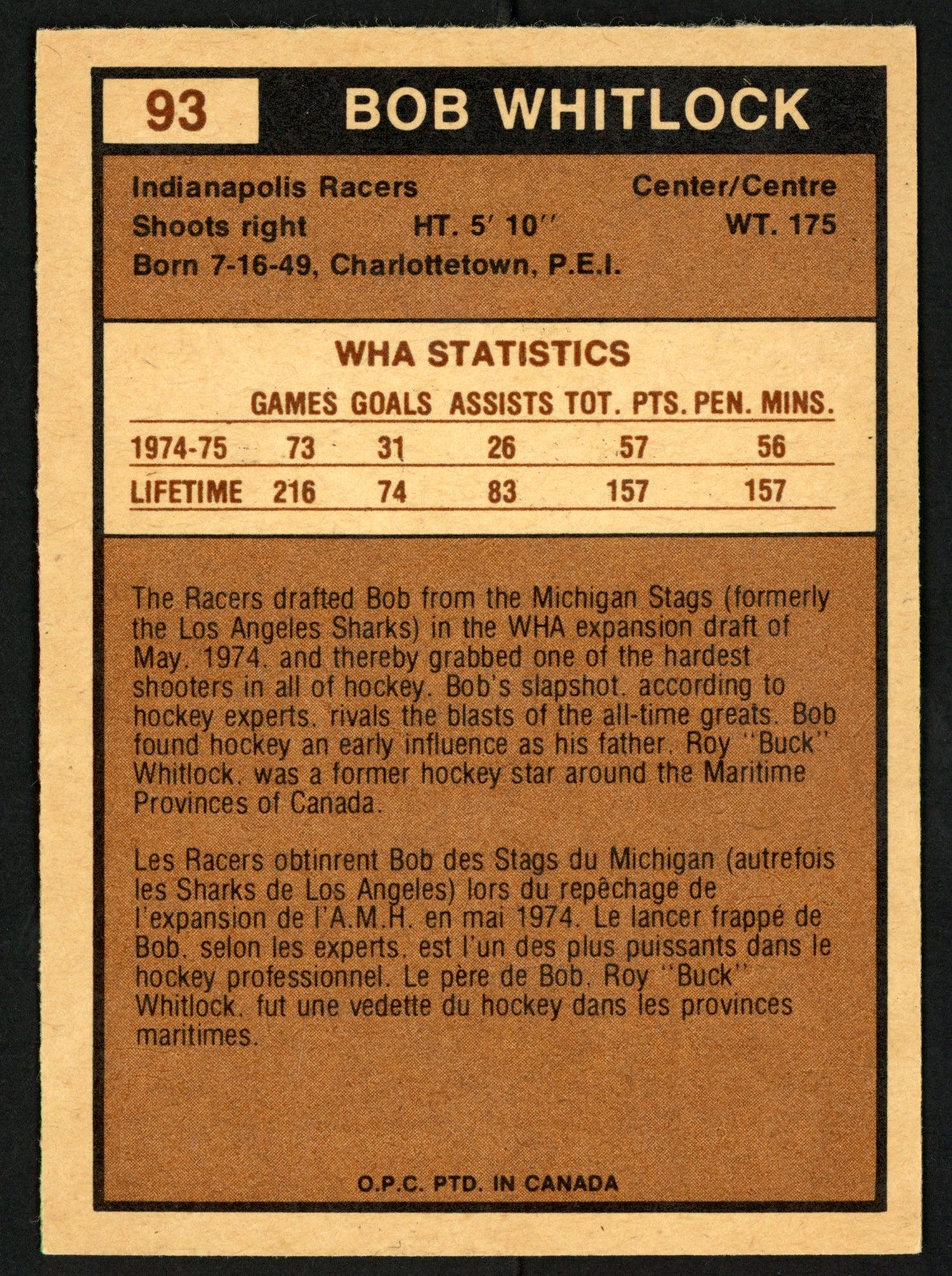 Bob Whitlock Autographed 1975-76 WHA O-Pee-Chee Card #93 Indianapolis Racers SKU #151326 - Image 2