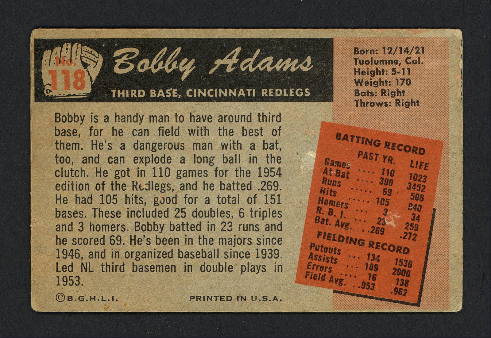 Bobby Adams Autographed 1955 Bowman Card #118 Cincinnati Reds SKU #164439 - Image 2