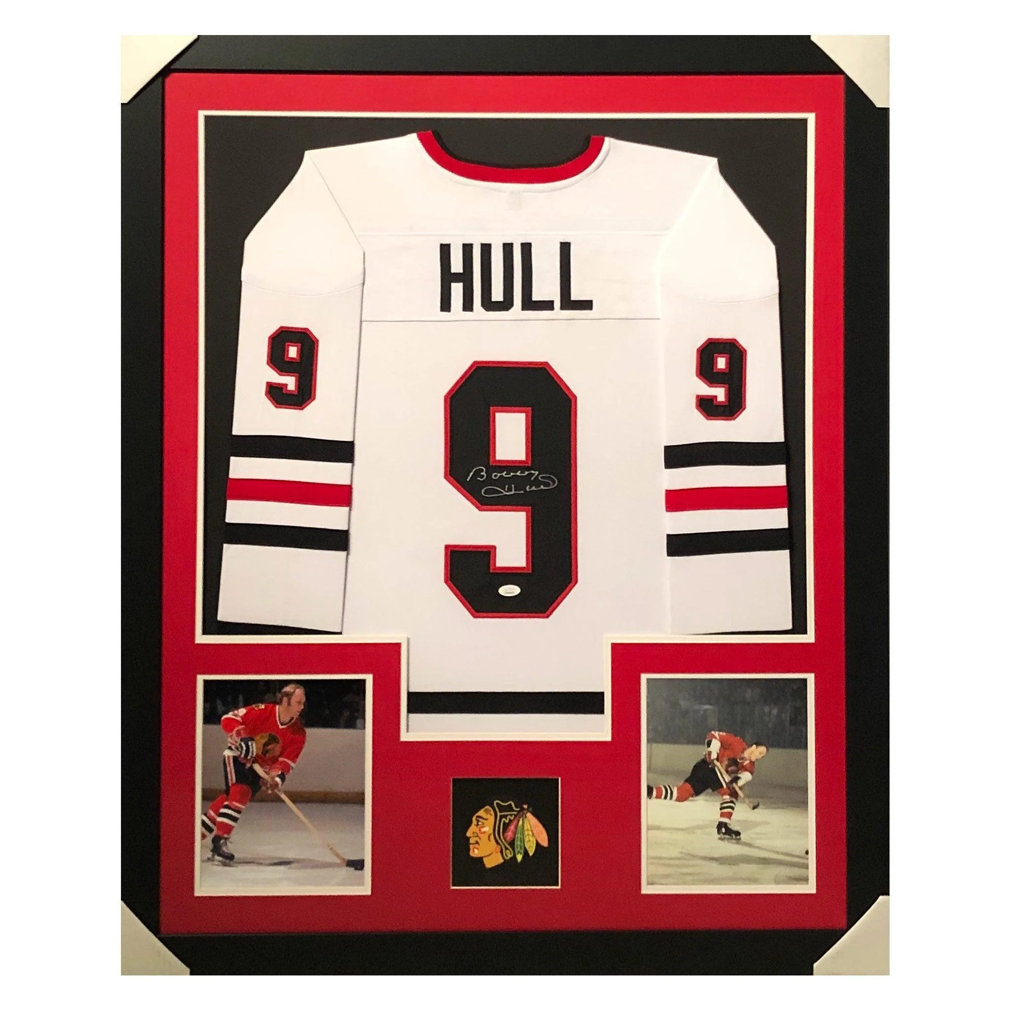 Bobby Hull Signed Chicago Framed Vertical Layout Pro Edition White Jersey (JSA)