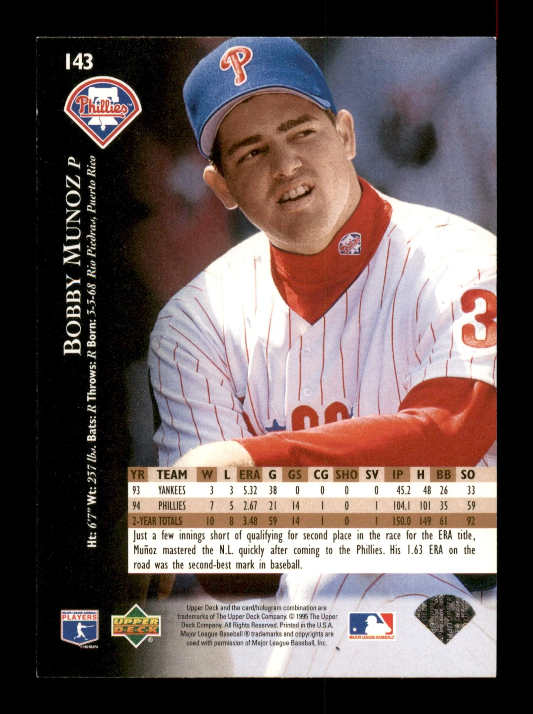 Bobby Munoz Autographed 1995 Upper Deck Card #143 Philadelphia Phillies SKU #195726 - Image 2