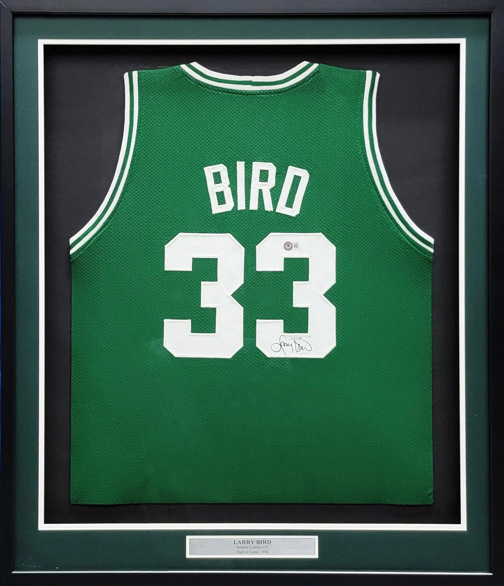 Boston Celtics Larry Bird Autographed Framed Green Jersey Beckett BAS Stock #209452