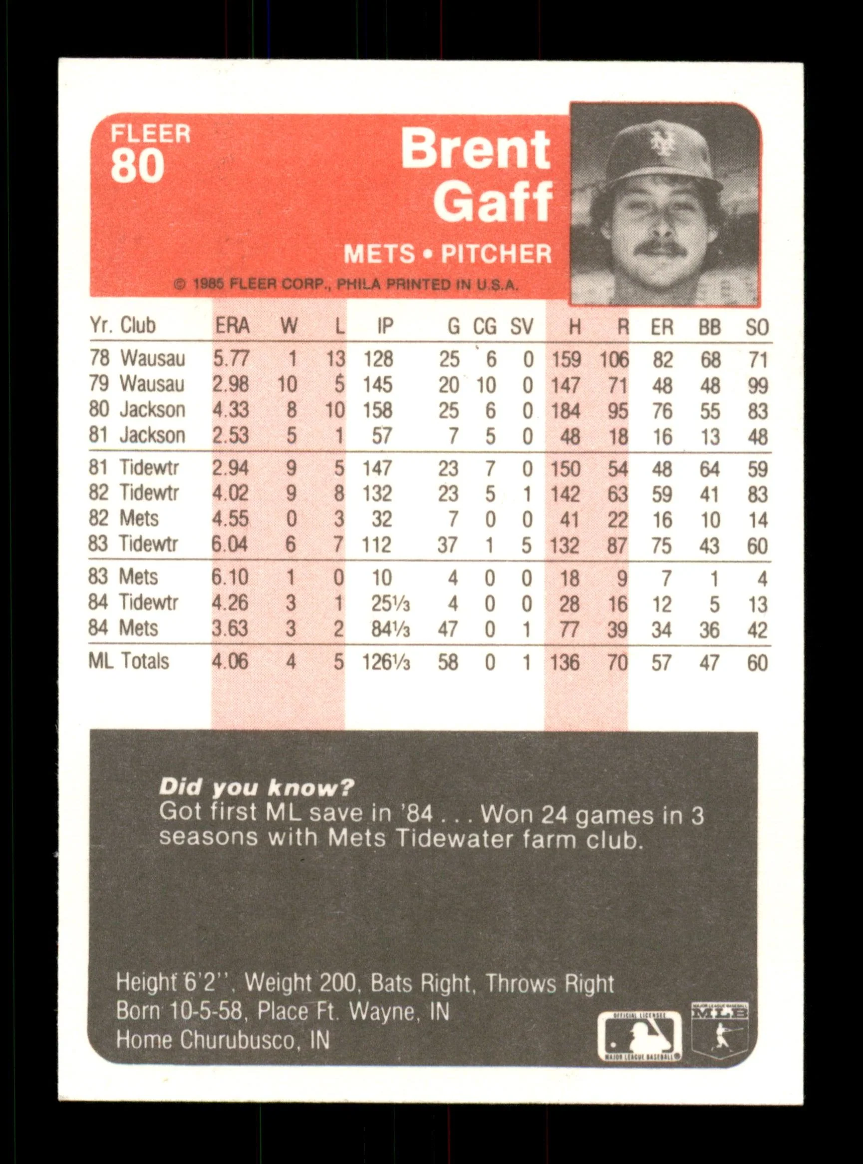 Brent Gaff Autographed 1985 Fleer Card #80 New York Mets SKU #187952 - Image 2