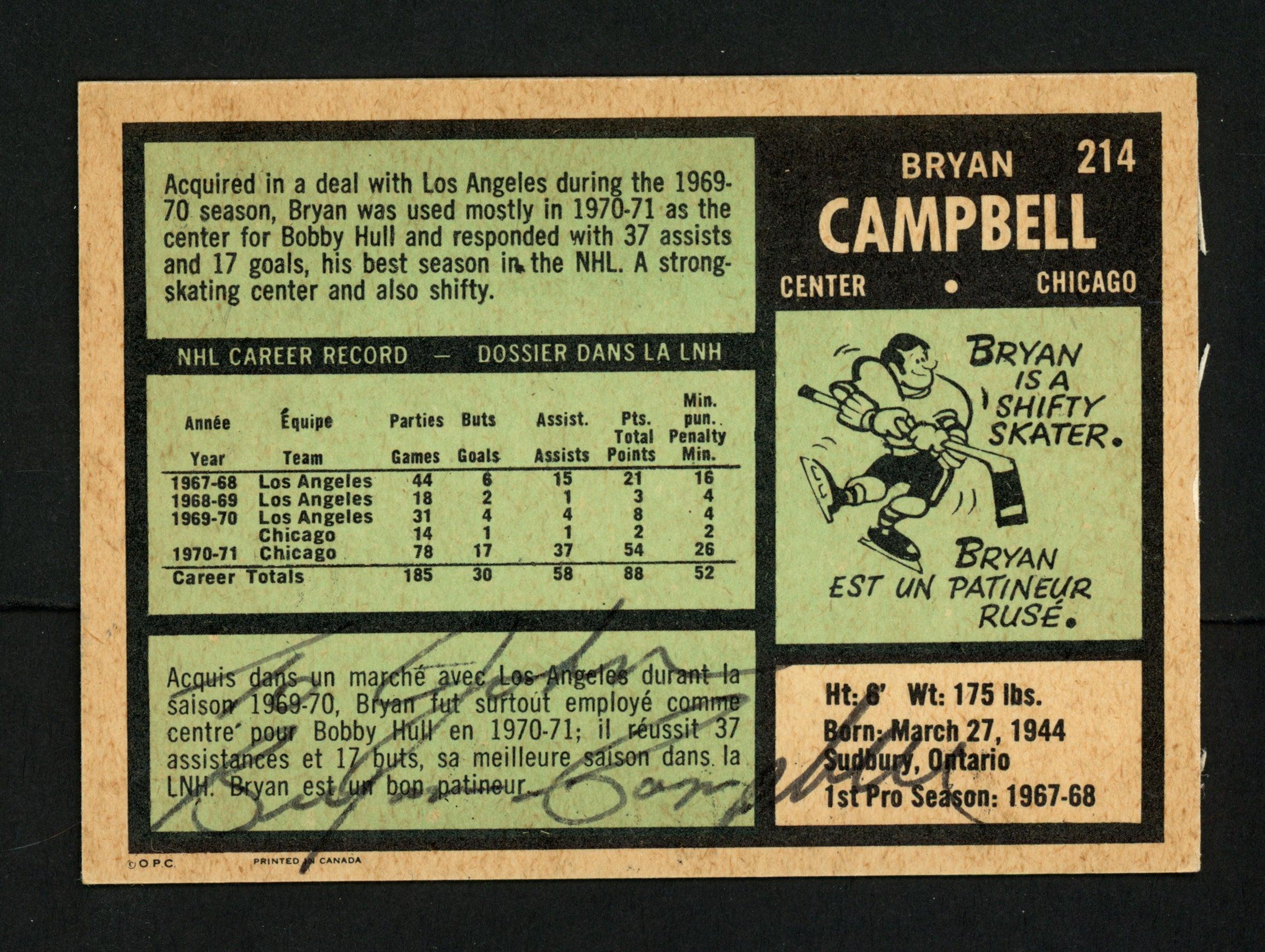 Bryan Campbell Autographed 1971-72 O-Pee-Chee Card #214 Chicago Blackhawks "To John" Signed Twice SKU #154226 - Image 2