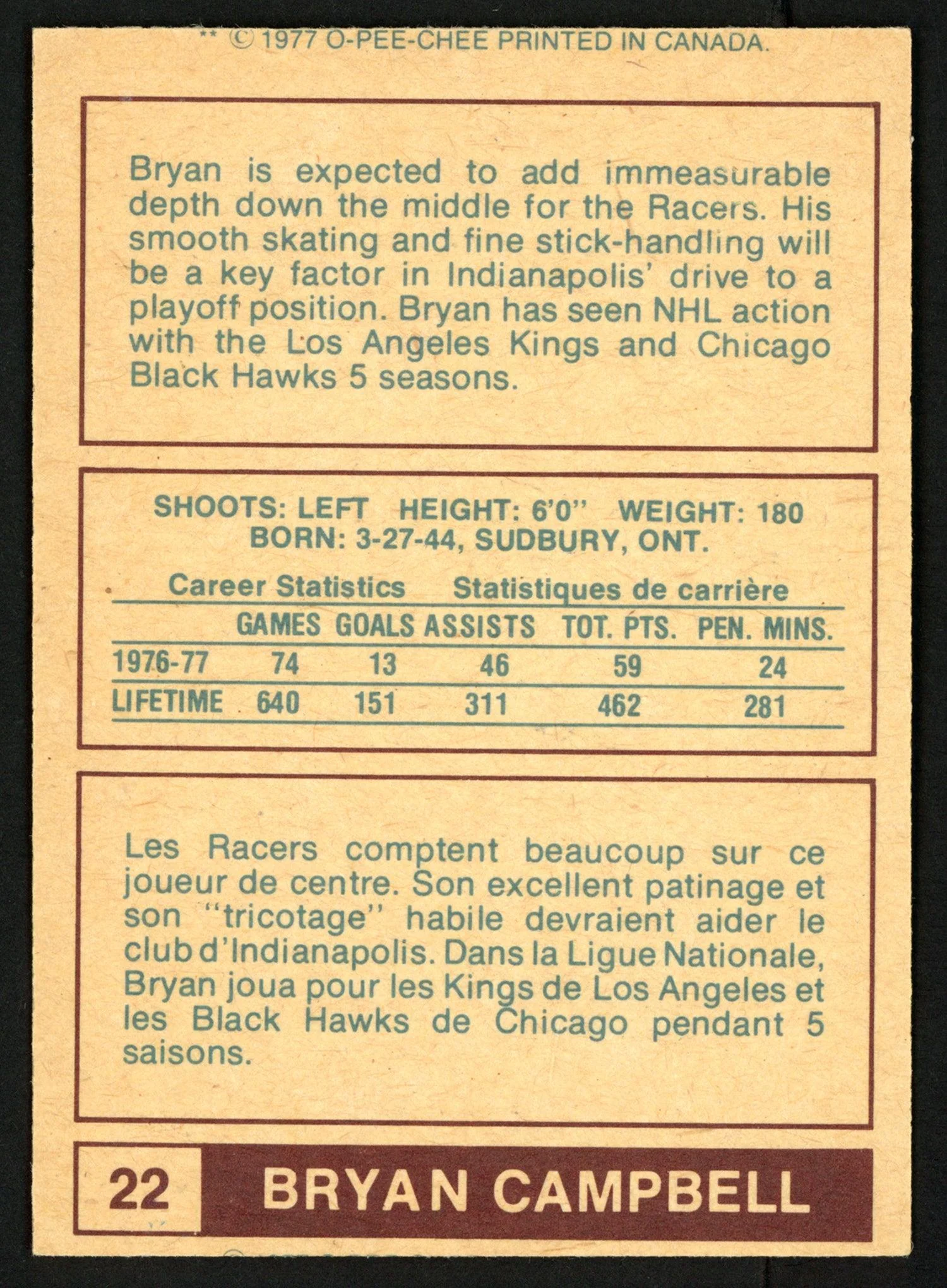 Bryan Campbell Autographed 1977-78 WHA O-Pee-Chee Card #22 Edmonton Oilers SKU #151337 - Image 2