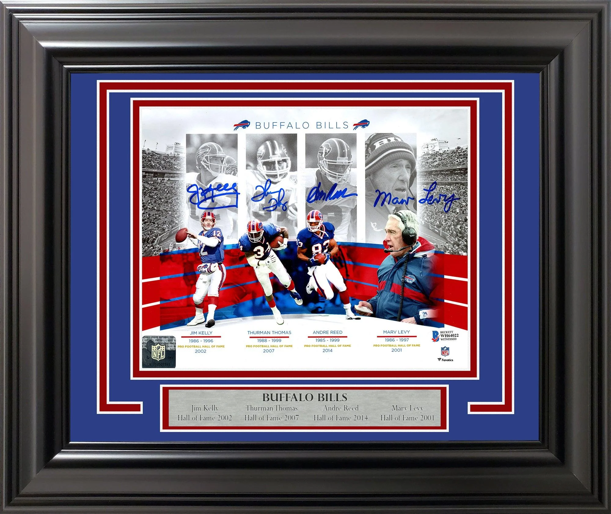 Buffalo Bills Hall Of Famers Autographed Framed 8x10 Photo With 4 Signatures Including Jim Kelly & 3 Others Beckett BAS Stock #209407
