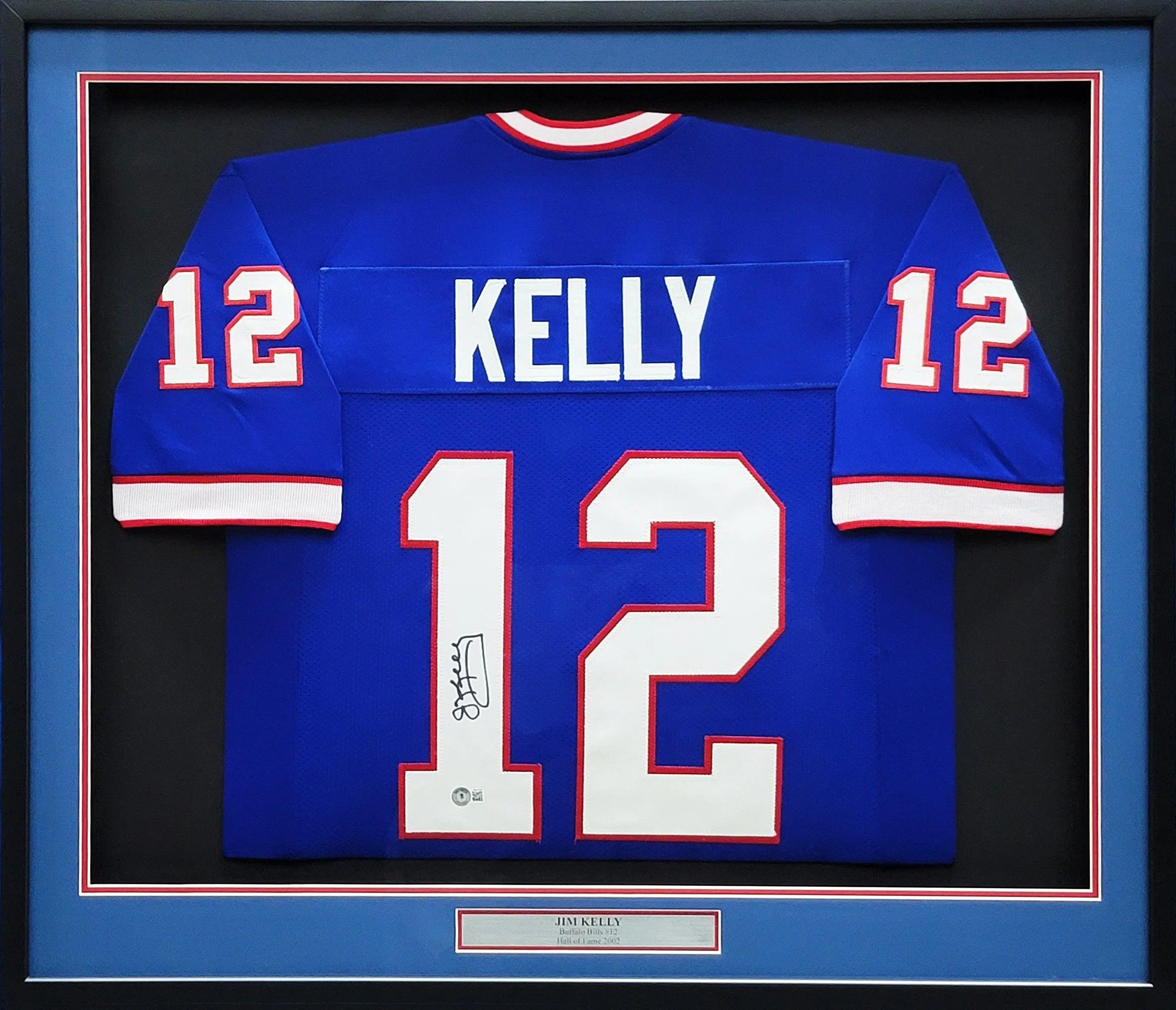 Buffalo Bills Jim Kelly Autographed Framed Blue Jersey Beckett BAS QR Stock #209465